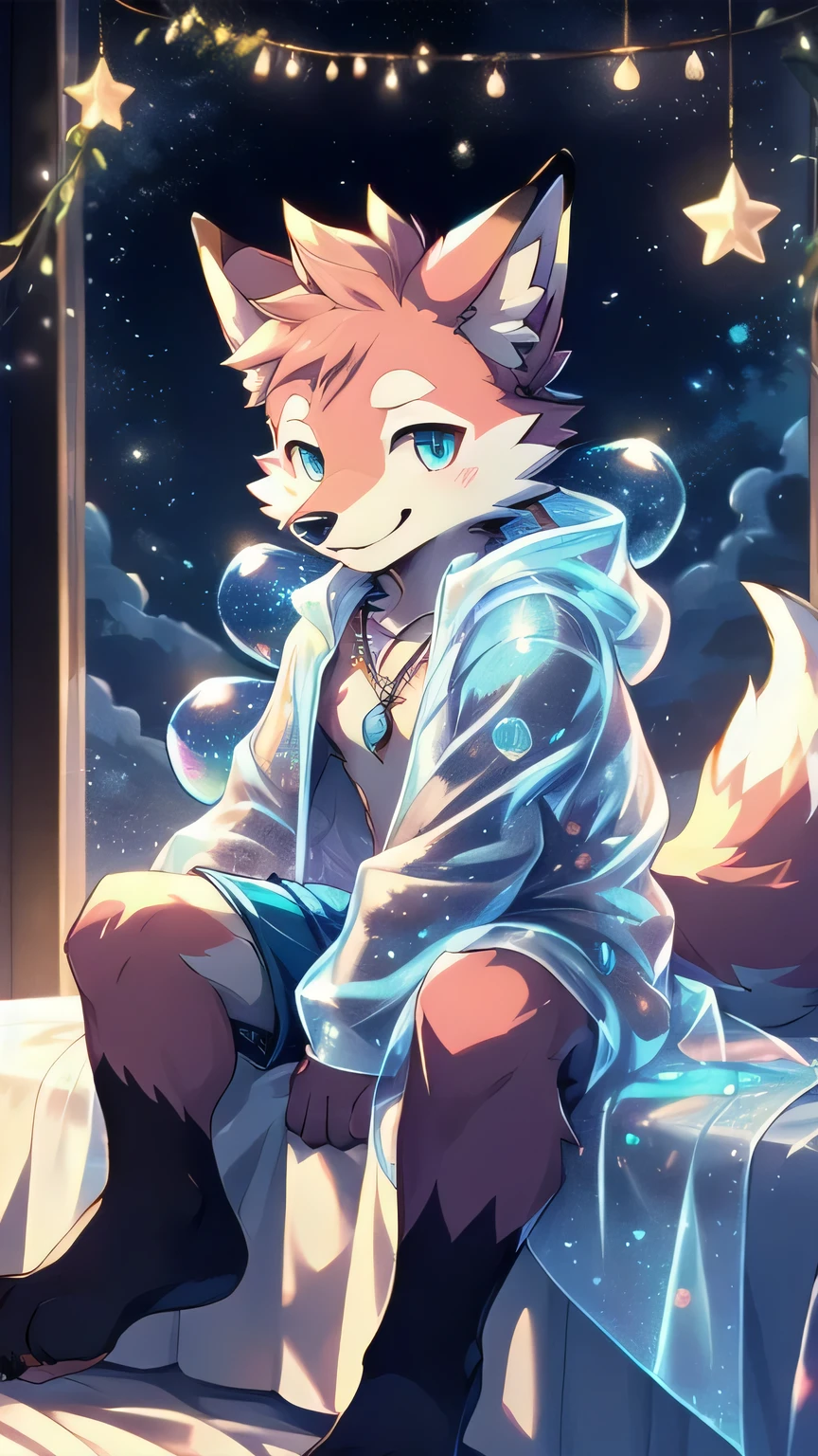 Anthropomorphic fox, In good condition, Pink fur, alone, (Exquisite details), white, Smile, Handsome, OK, transparent raincoat, blue shorts, Night time, sitting on bed, Bubble Magic, Candy clouds, Star decoration, canine, male, giggle, (Slim, exquisite eyes), necklace, naked, full-body shot