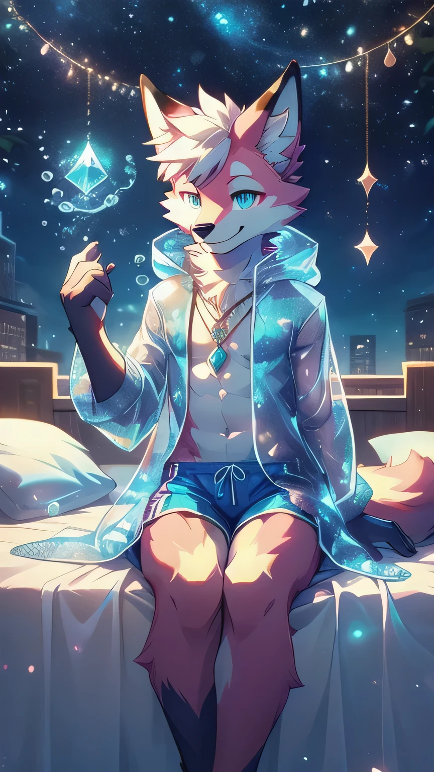 Anthropomorphic fox, In good condition, Pink fur, alone, (Exquisite details), white, Smile, Handsome, OK, transparent raincoat, white transparent underwear, Night time, sitting on bed, Candy clouds, Star decoration, canine, male, giggle, (Slim, exquisite eyes), necklace, naked, spread legs, full-body shot