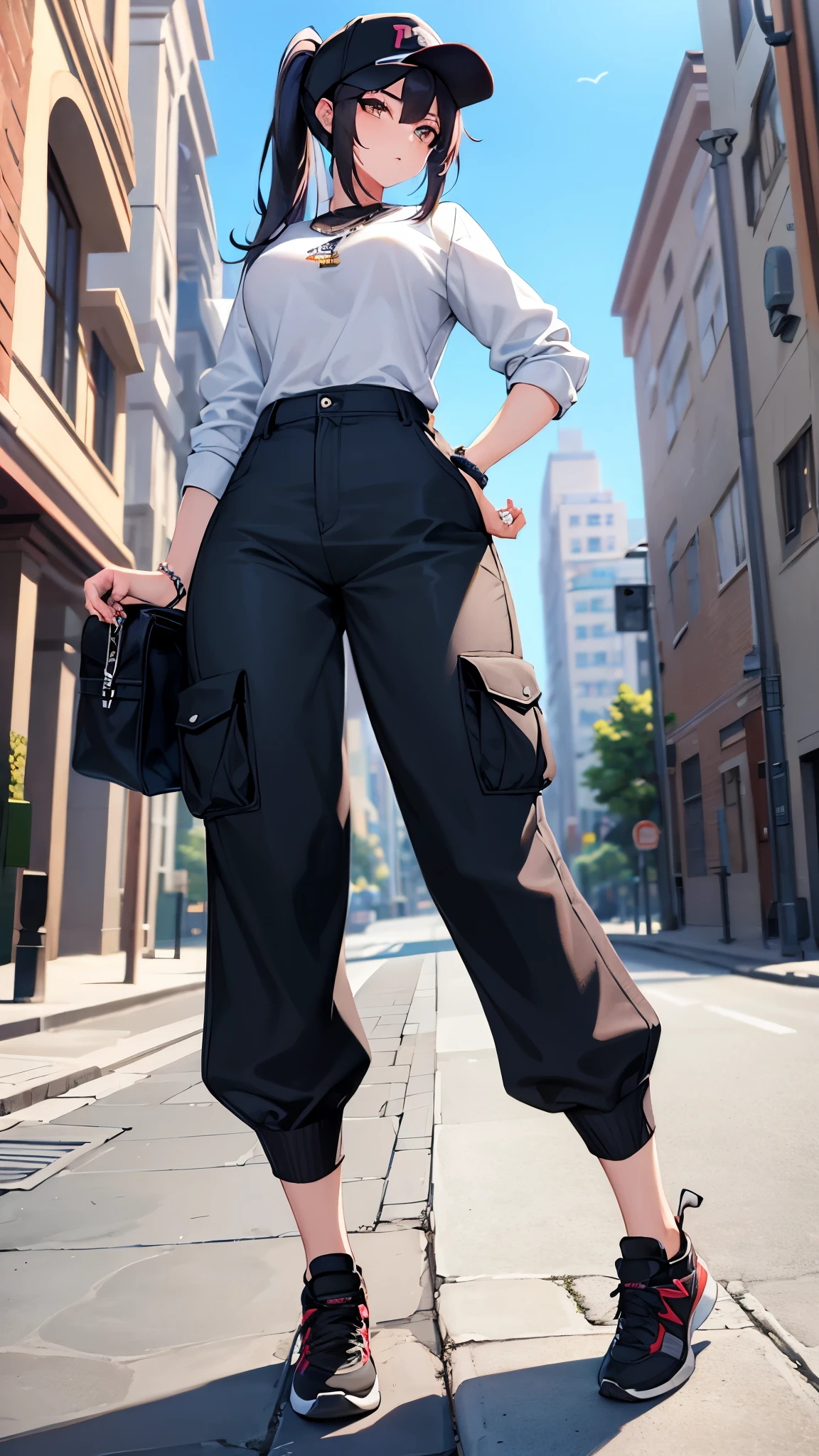 A very attractive girl in a stylish urban outfit, POV from the ground, Pantalones BAGGY, png, no backgraund, perspective