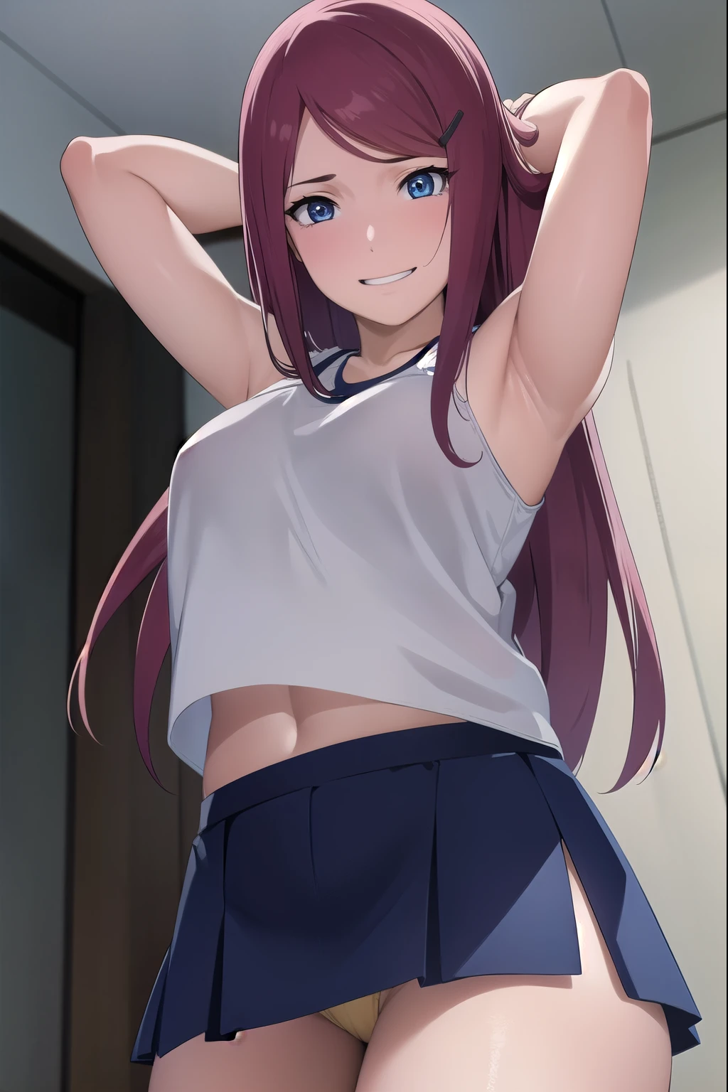 kushina, kushina, long hair, hair ornament, red hair, hairclip, (grey eyes:1.5),
BREAK (tank top, mini skirt, yellow panties), bare shoulder, BREAK standing,(cameltoes),BREAK Blushing, smiling, grin,(embarrassed), BREAK (holding skirt up)
BREAK looking at viewer, full body,arms_above_head,(cowboy shot:1.5),
BREAK indoors,
BREAK (masterpiece:1.2), best quality, high resolution, unity 8k wallpaper, (illustration:0.8), (beautiful detailed eyes:1.6), extremely detailed face, perfect lighting, extremely detailed CG, (perfect hands, perfect anatomy),