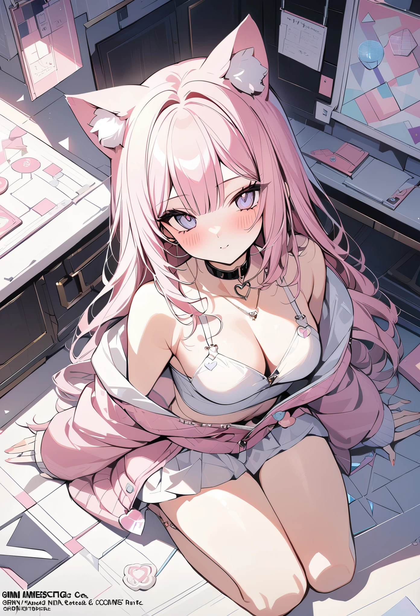 ,beautiful flower々),mole under eye, heart shaped choker, (masterpiece, highest quality), official art, beautiful and aesthetic: 1.2), (1 girl), very detailed, (geometry art: 1.3), colorful、pink bob hair、Cat ear、 whole body