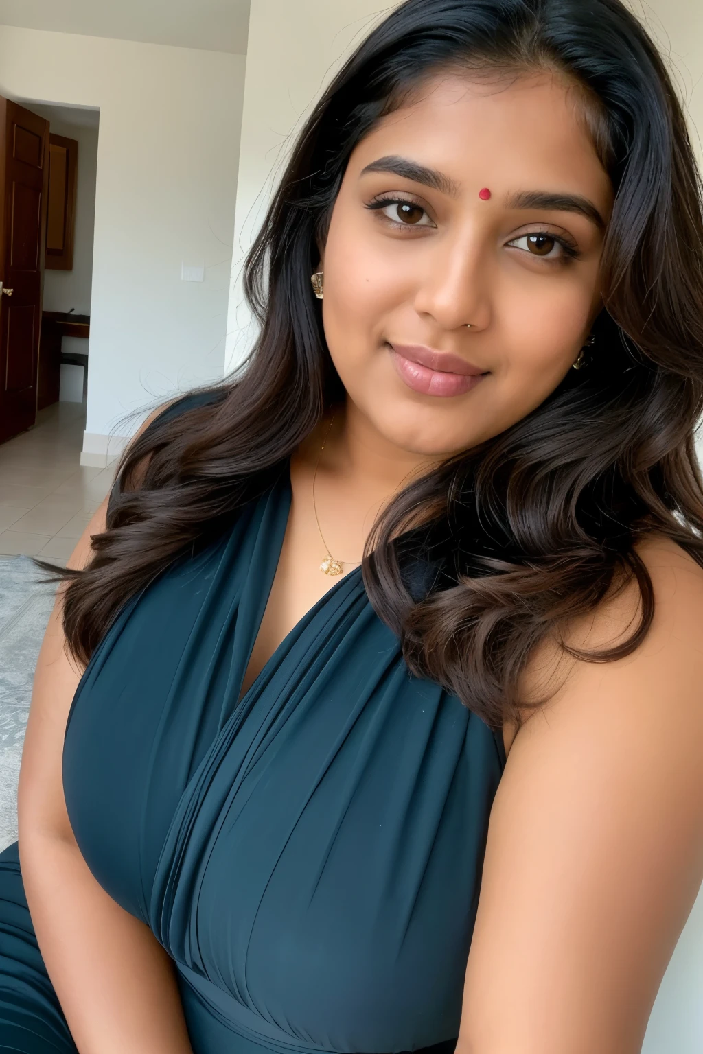 ((Best quality, 8k, Masterpiece: 1.3)), a modern Indian woman of Indian descent, (@ fastest growing demographic), slightly (@ plus size), takes a selfie, (@ self-portrait), warmly gazes into the camera, (@ engaging expression), approachable and charming, exudes an eye-catching pose, contemporary in style, dons a fashionable dressing style, bathed in natural light, capturing lifestyle photos, flaunts a plump figure.