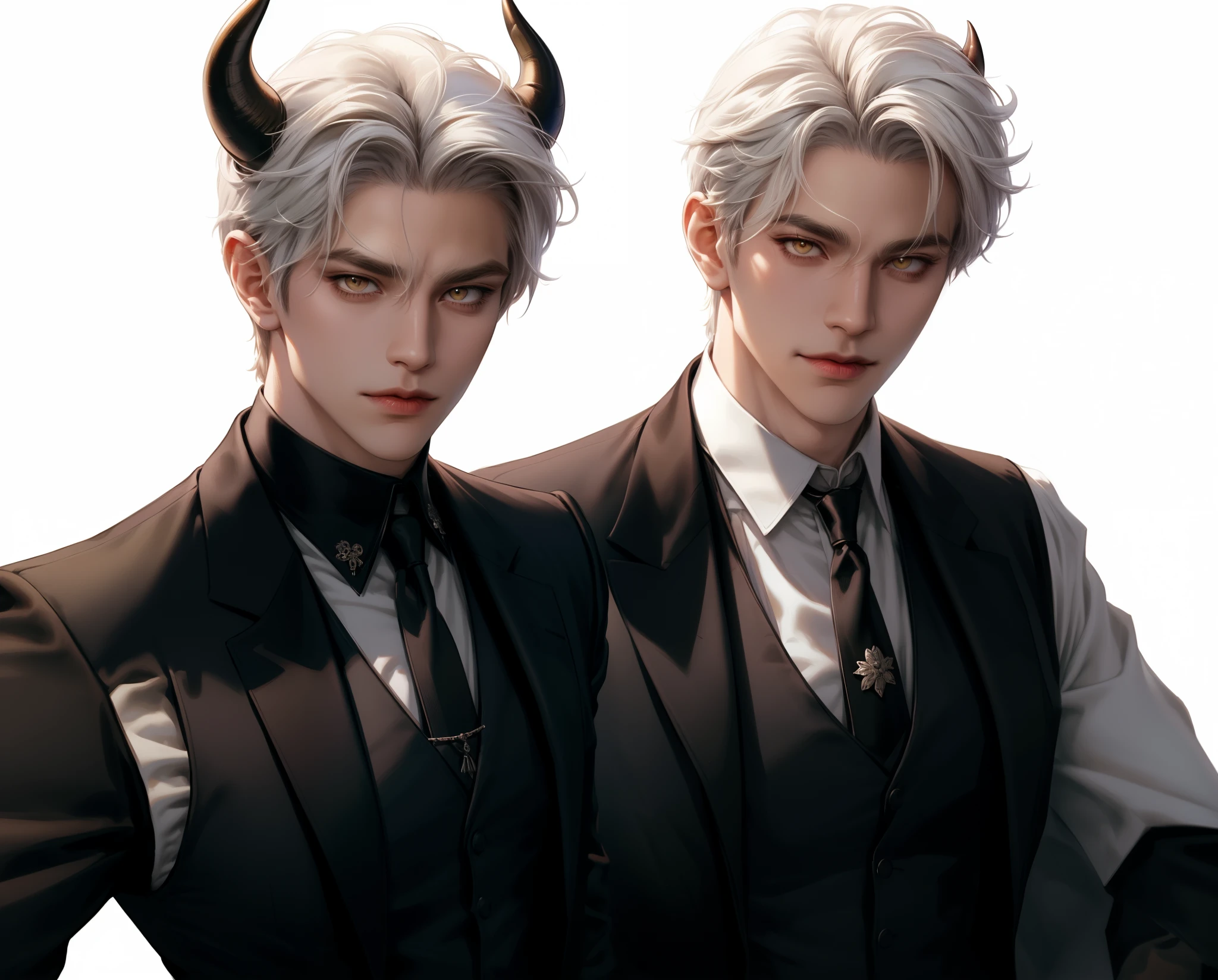 (masterpiece,best quality,ultra_detailed,highres,absurdres),1 mature male, 30-ish, (wide shoulder), (muscular), male focus, solo, white hair, chain, shirt, black necktie, necktie, hell background, yellow eyes, upper body, vest, short hair, looking at viewer, smile face, parted lips, collared shirt, round eyewear, long sleeves, hand on own shoulder, white shirt, brown background, black vest, monocle, jewelry. man with horns on his head, fit male demon with white horns, oni horns, demon, albino demon