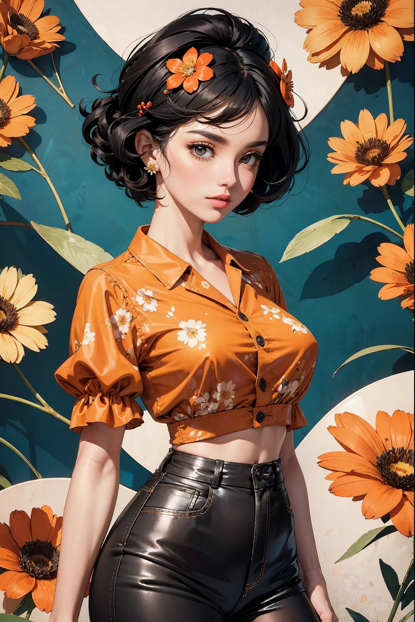 (((Masterpiece))), a top influencer woman, top quality, super detailed, cute and spunky, retro 60's style, fair skin, short curly black hair with flower clips, orange button up crop top transparent floral print sleeves, brown high waist button up shorts, retro party background
