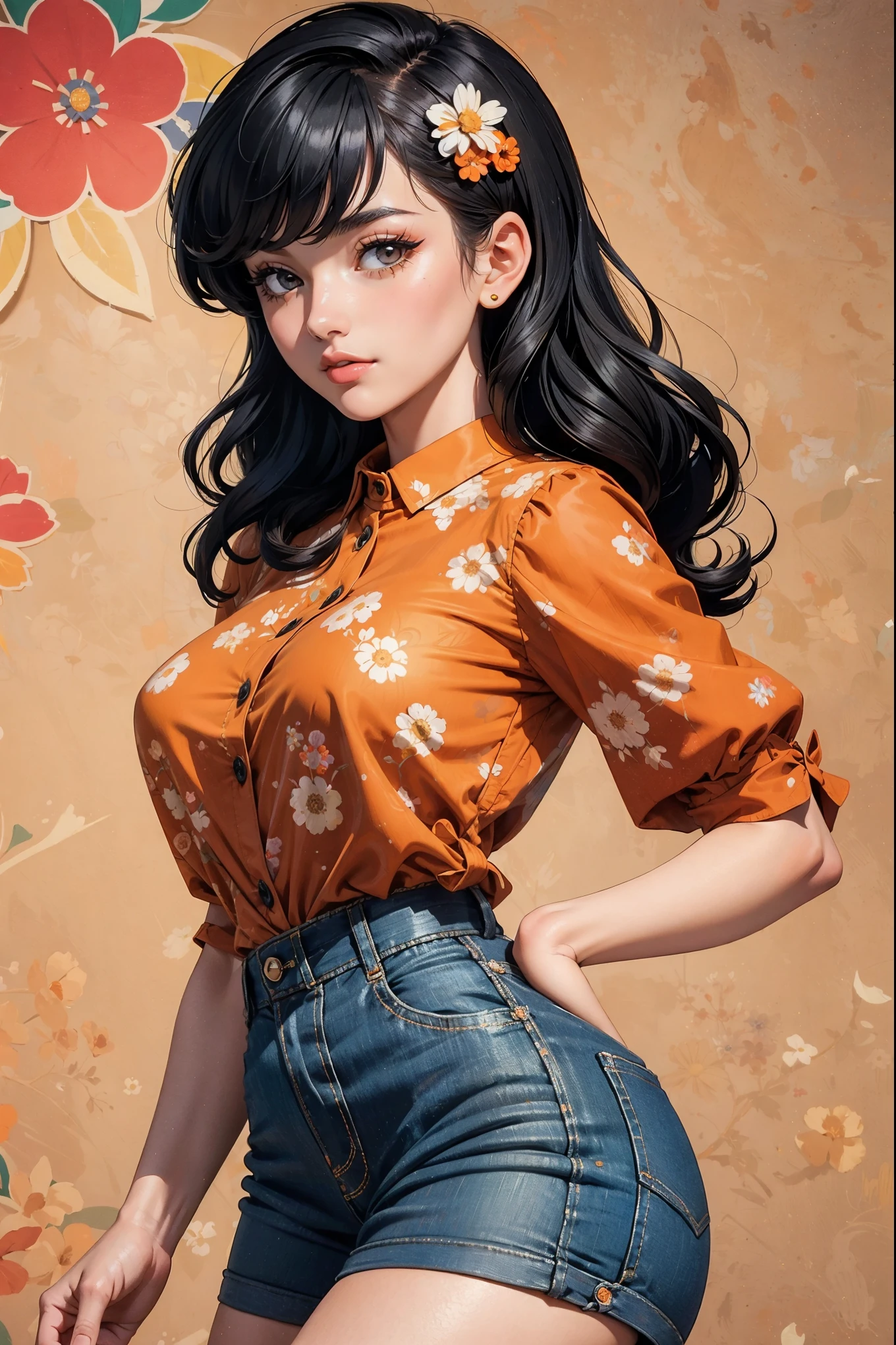 (((Masterpiece))), a top influencer woman, top quality, super detailed, cute and spunky, retro 60's style, fair skin, short curly black hair with flower clips, orange button up crop top transparent floral print sleeves, brown high waist button up shorts, retro party background
