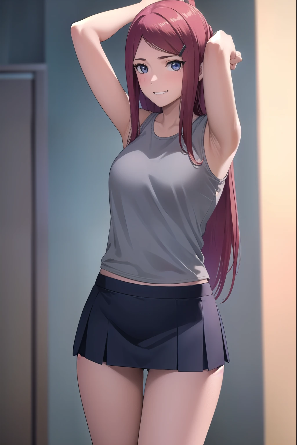 kushina, kushina, long hair, hair ornament, red hair, hairclip, (grey eyes:1.5),
BREAK (tank top, mini skirt, yellow panties), bare shoulder, BREAK standing,(cameltoes),BREAK Blushing, smiling, grin,(embarrassed), BREAK (holding skirt up), (pull up skirt)
BREAK looking at viewer, full body,arms_above_head,(cowboy shot:1.5),
BREAK indoors,
BREAK (masterpiece:1.2), best quality, high resolution, unity 8k wallpaper, (illustration:0.8), (beautiful detailed eyes:1.6), extremely detailed face, perfect lighting, extremely detailed CG, (perfect hands, perfect anatomy),