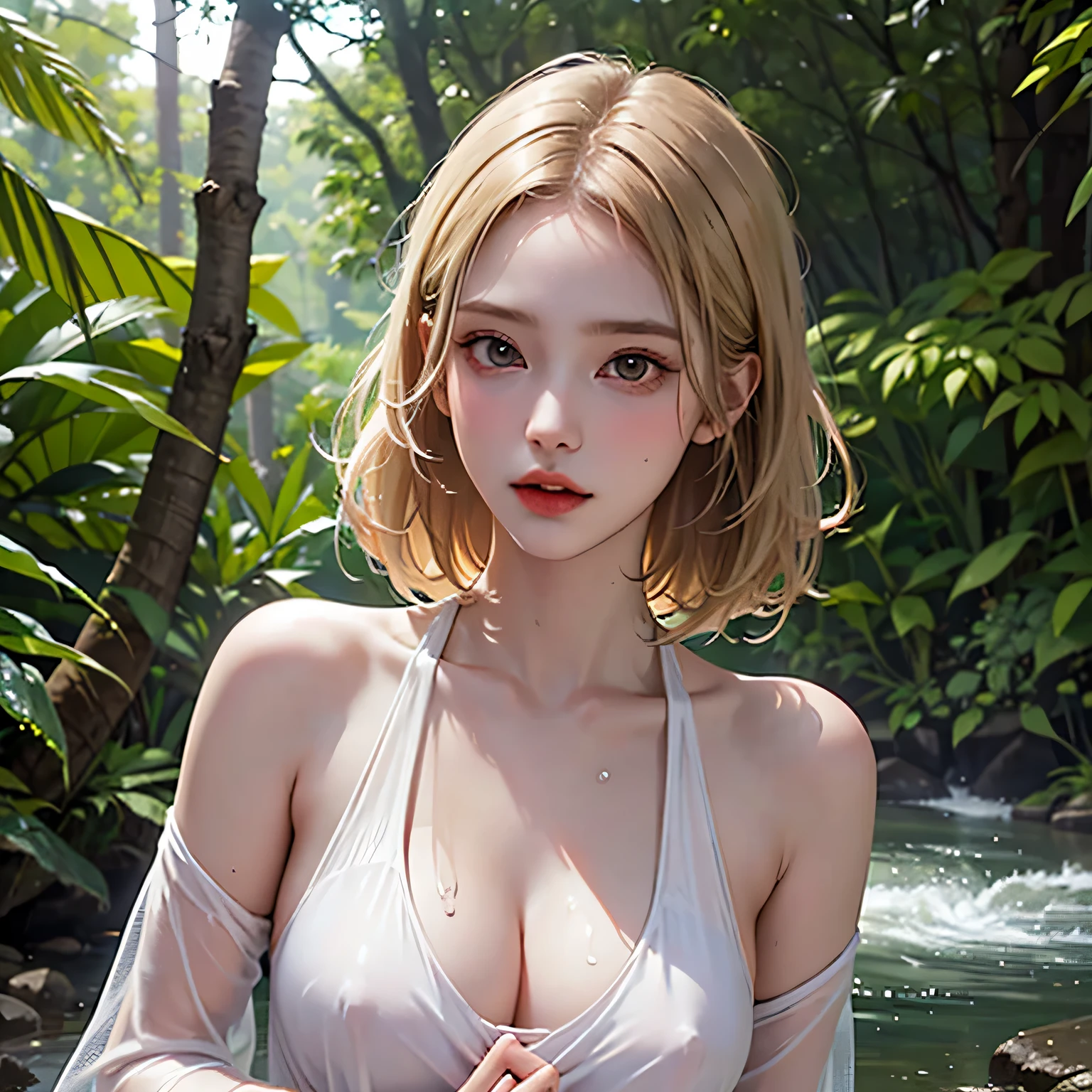 (masterpiece), (highest quality), (become familiar with), light layer, 1 girl, young girl in the forest, sexy transparent colonial dress, perfect body, blonde hair, pronounced chest, defined clavicle, Super realistic, realistic, become familiar with, perky see-through nipples, wet clothes,