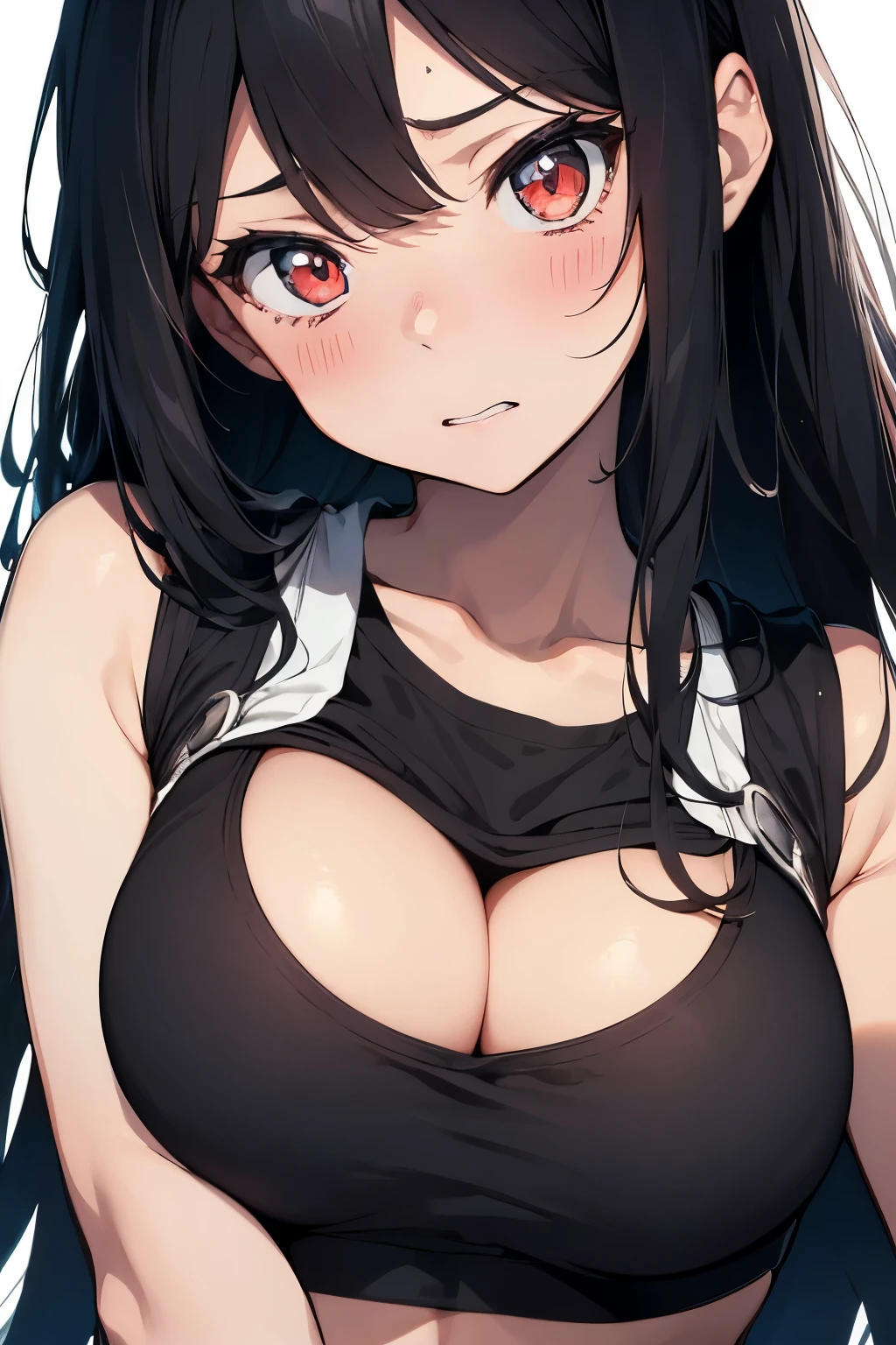 Anime characters,Woman with long black hairr,Exaggerated and frightened expressions,busts,high high quality,sports bra, hot, she is touching her breast, shy, embarrassed , dynamic shot, close up shot, detailed, 4k resolution , cleavage , small breast, small breast, medium breast, cute, blushing