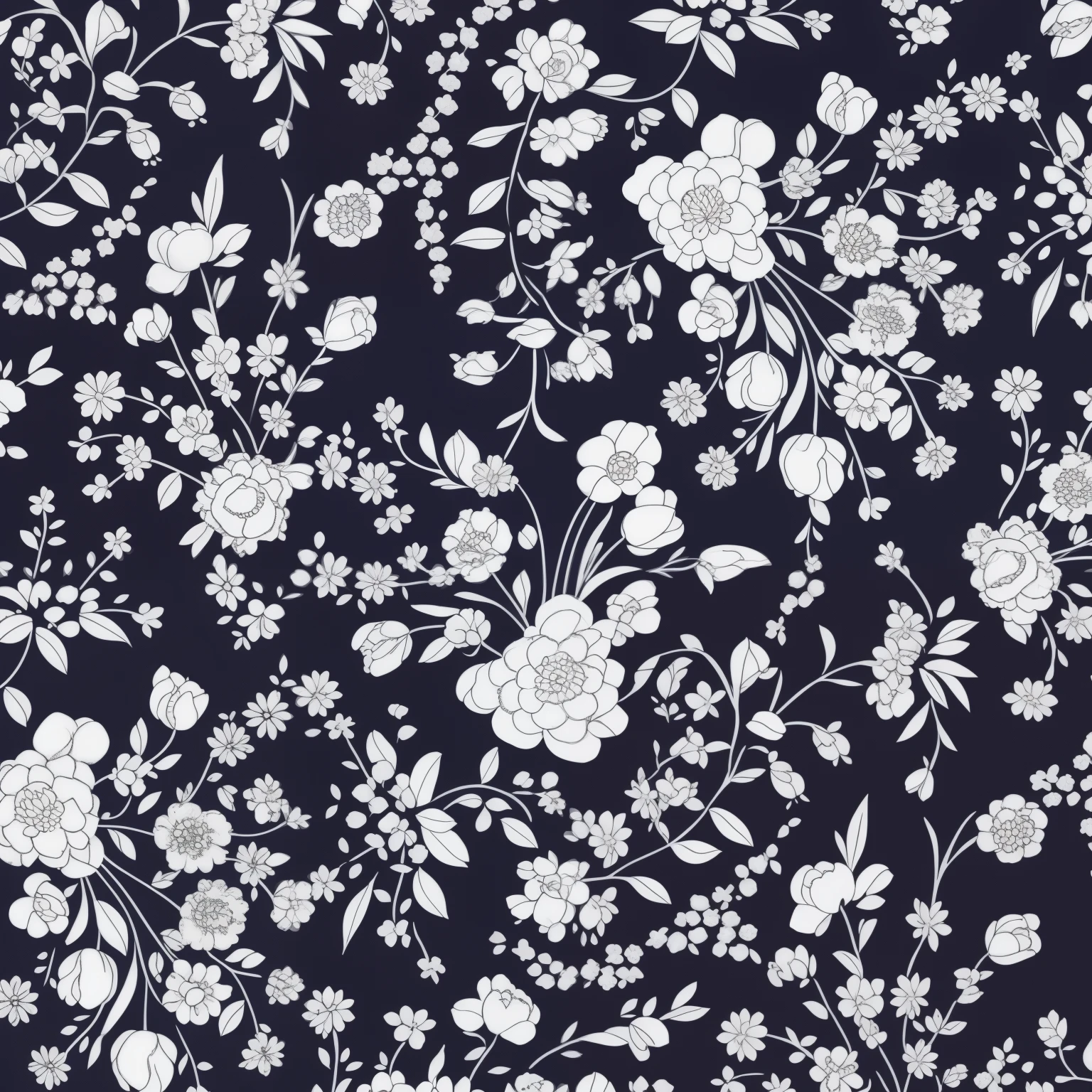 a close up of a black and white flowery print fabric, Indigo blooming garden, cotton fabric, flowery! complex, flowery dream, flowery pattern, flowery patterned skin, Gorgeous wallpaper, Paisley, ornate flowery, Dark floral wallpaper, flowery wallpaper, dark blue decorative clothing, flowery!, complex patterns, flowery explosion, ultra complex, Textile printing, perfect complex