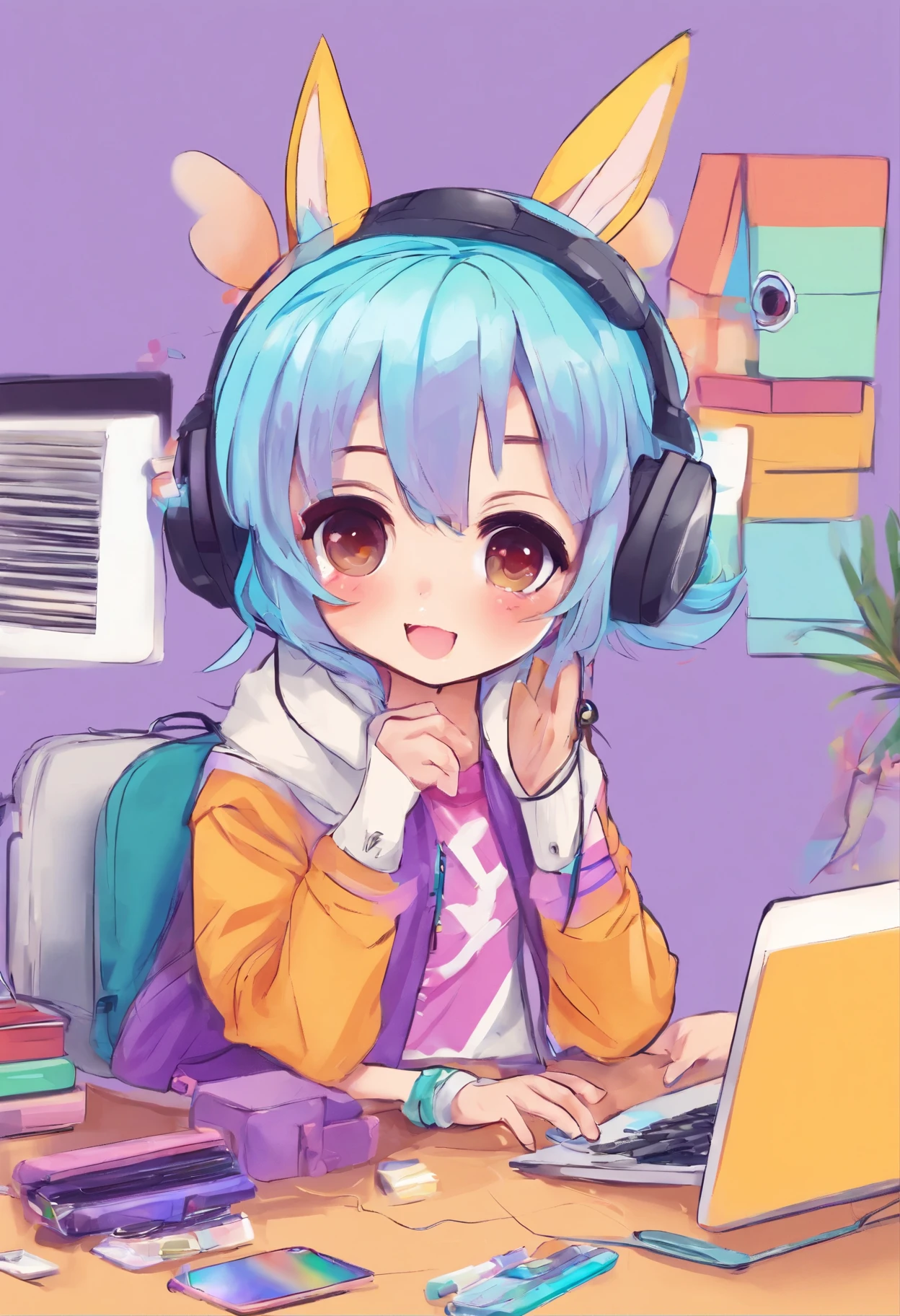 Girl Tomboy Short Pixie Purple Cyan Silver Hair Art Digital Artist Tablet Computer Tutor Designer Photographer Desk Headphone Cyan Purple Orange Yellow Silver Jacket