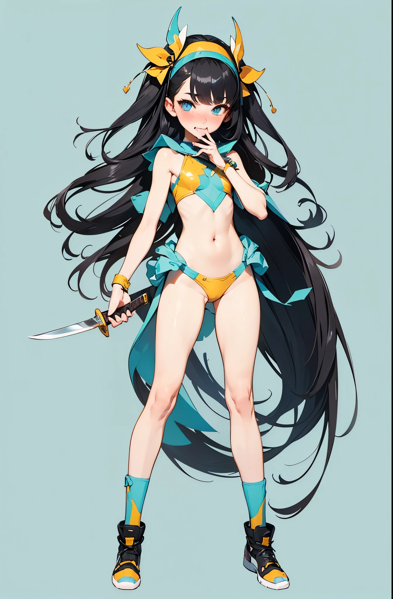 Best Quality, High Detail, Premium Work, 8k, HDR, Shiny Hair, Anime Illustration, 1girl, solo, Super Beautiful Girl, Long eyelashes, Blushing, Seductive Pose, Holding knife, reverse grip, Vibrant, Gloss, Absurdres, Asian, volumetric lighting, jet-black hair, sky blue eyes, full body, character art, detailed hands, correct anatomy, Slender, showing off, (((pixel-perfect, detail-perfect))), boyish girl, hair ribbons, looking at viewer, (Symmetrical perfect face), beautiful eyelashes, (nose blush:1.3), (small breasts:1.4), (beautiful thighs), navel, wild lift, (masterpiece:1.2), high resolution, unity 8k wallpaper, (illustration:0.8), (beautiful detailed eyes:1.6), extremely detailed face, extremely detailed CG, (perfect hands, perfect anatomy), volumetric lighting, public, Tokyo night street, (Superflat, Flat Shading, flat-colors:1.1), watercolor painting