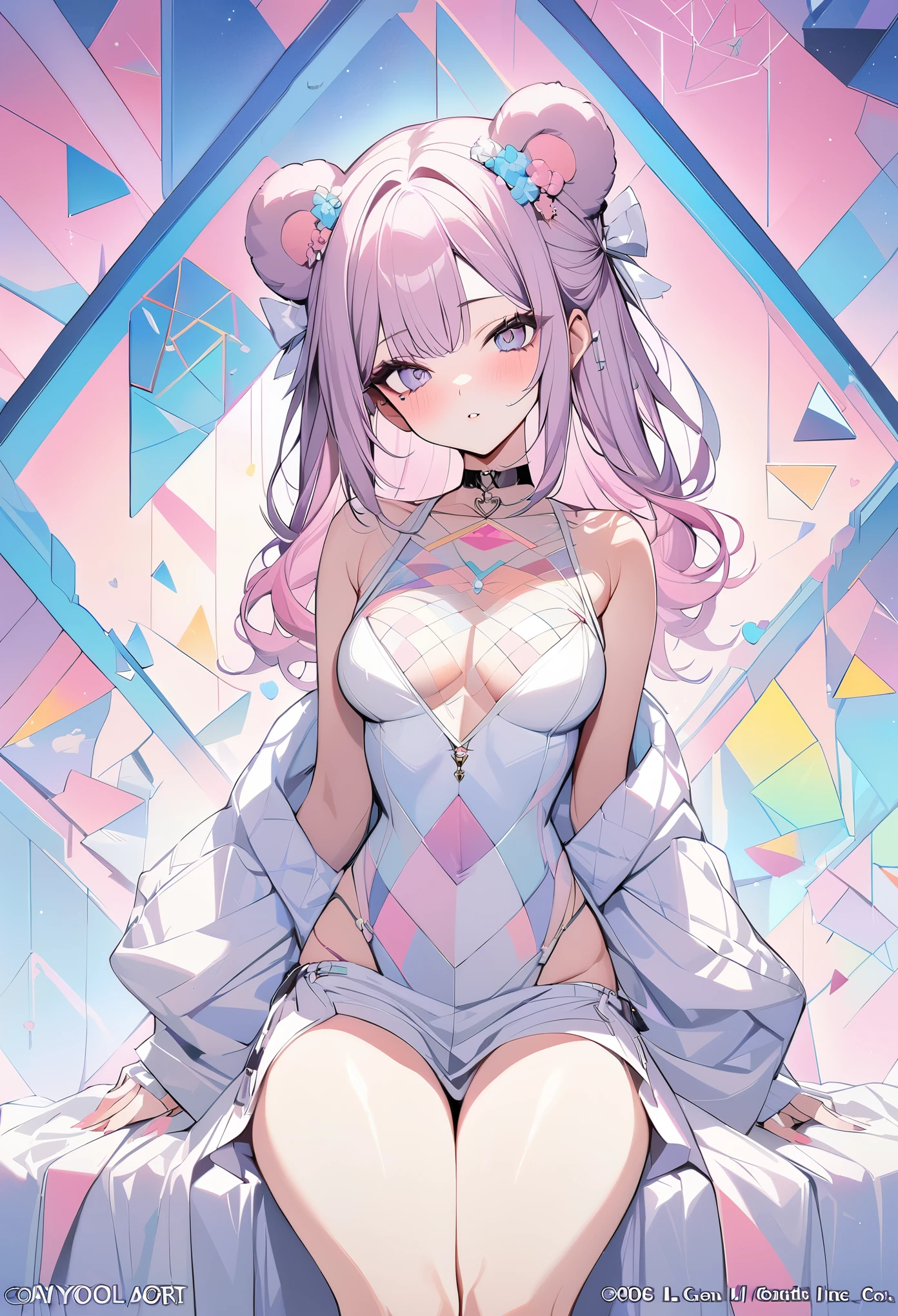 ,beautiful flower々）,mole under eye, heart shaped choker, (masterpiece, highest quality), official art, beautiful and aesthetic: 1.2), (1 girl), very detailed, (geometry art: 1.3), colorful、pink bob hair、bear ears、 whole body