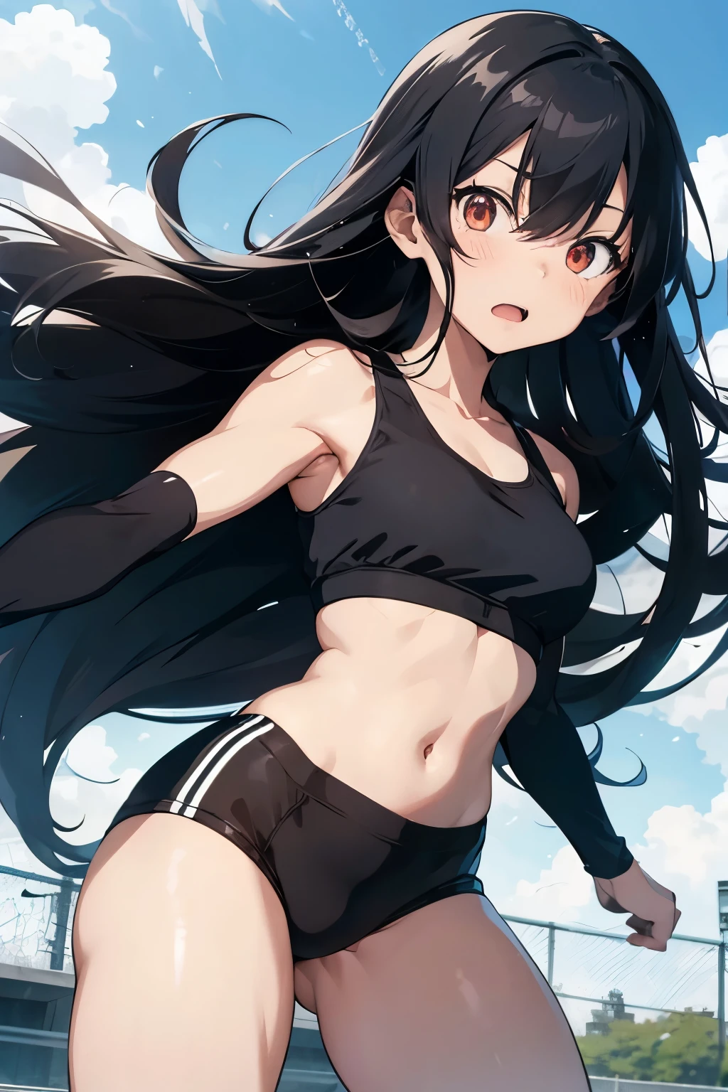 Anime characters，Woman with long black hairr，Exaggerated and frightened expressions，busts，high high quality，sports bra, hot