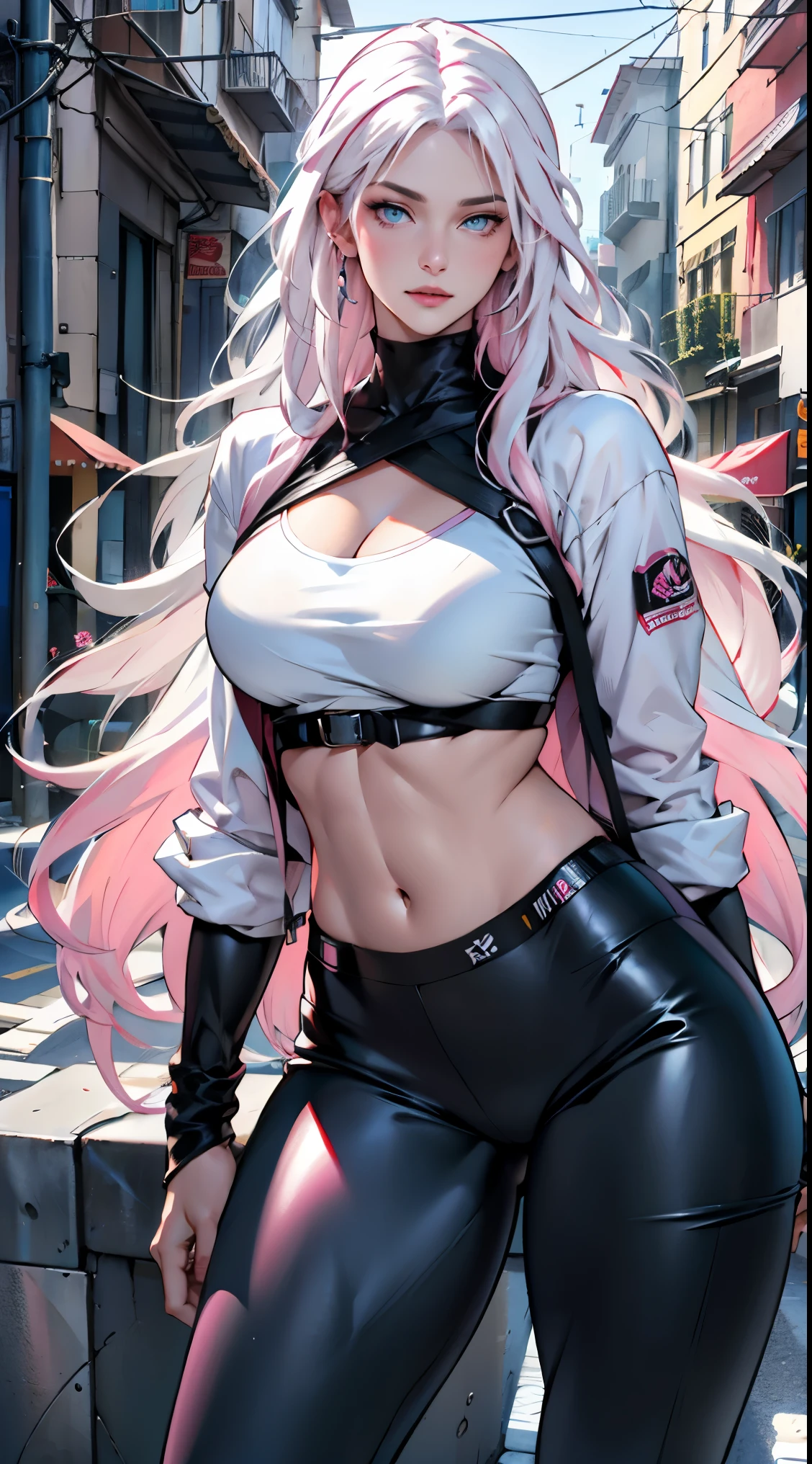 photorealistic, high resolution, 1women, shining skin, solo, pink lips, (long white hair, blue eyes), closed mouth, street wear, hips up,