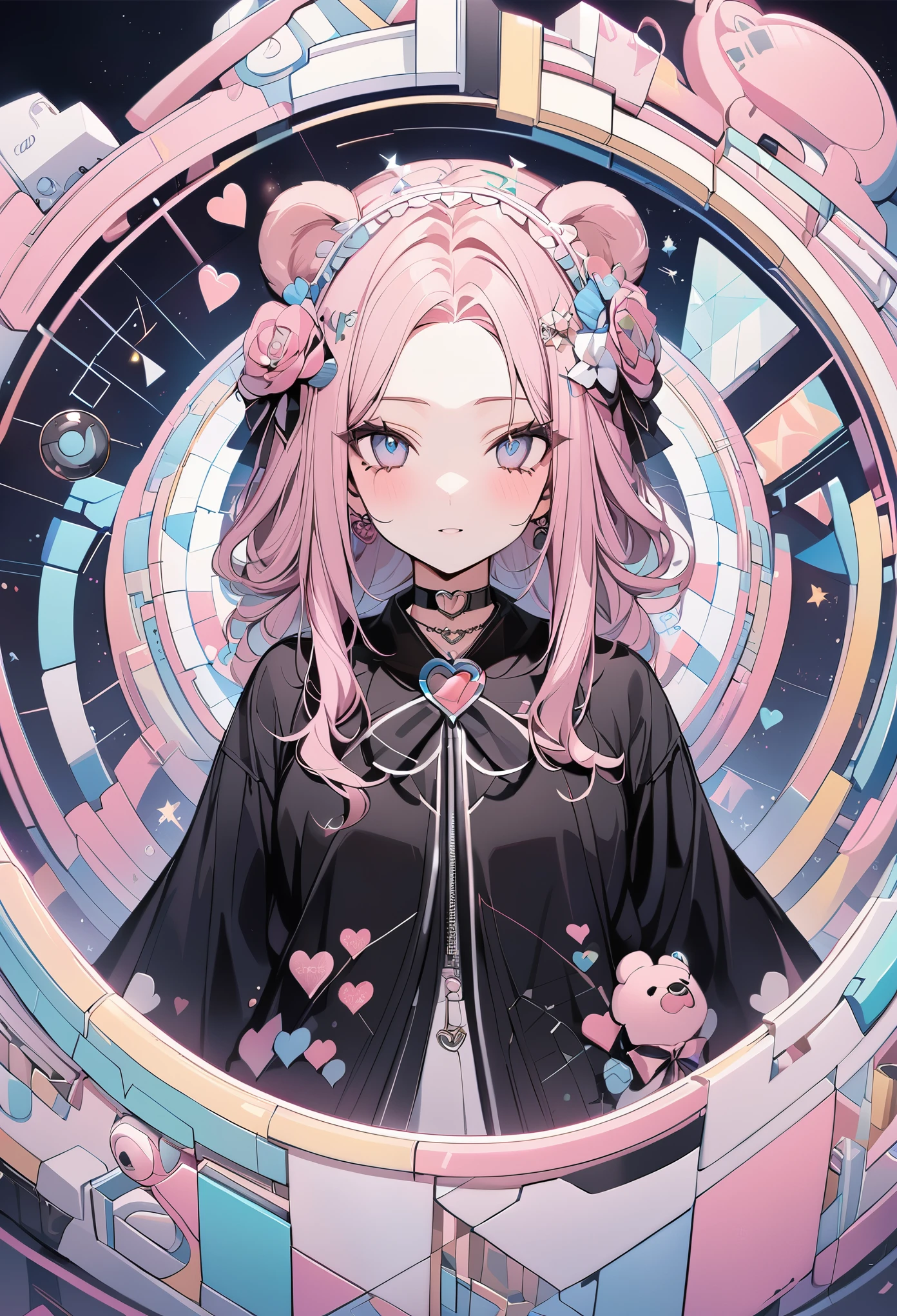 ,beautiful flower々）,mole under eye, heart shaped choker, (masterpiece, highest quality), official art, beautiful and aesthetic: 1.2), (1 girl), very detailed, (geometry art: 1.3), colorful、pink bob hair、bear ears、 whole body