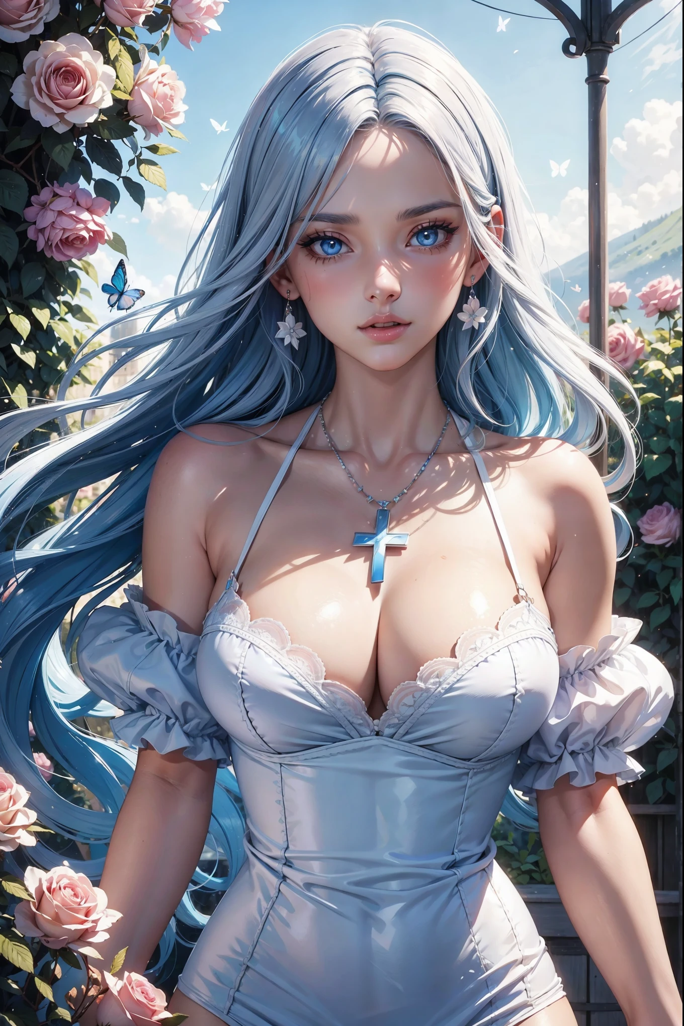 (((best quality))), (((masterpiece))), (Ultra-detailed:1.3), (Highres), official art, sunlight,1girl, woman, (an extremely detailed and beautiful face:1.3), (beautiful light blue eyes:1.2), long white eyelashes, BREAK(very long voluminous white,blue gradient hair:1.3), fair skin, BREAK(skin dentation:1.2), model, cross necklace, (white lavender [open back floral crop top detached sleeves:0.3), blush, shyness, (very_large_breasts:1.4), Realistic, short shorts, surrounded by roses and colorful butterflies, a lollipop in one hand, surrounding garden, tree shadow, hair fluttering in the wind, whimsical, fantastical, 8k resolution, studio lighting
