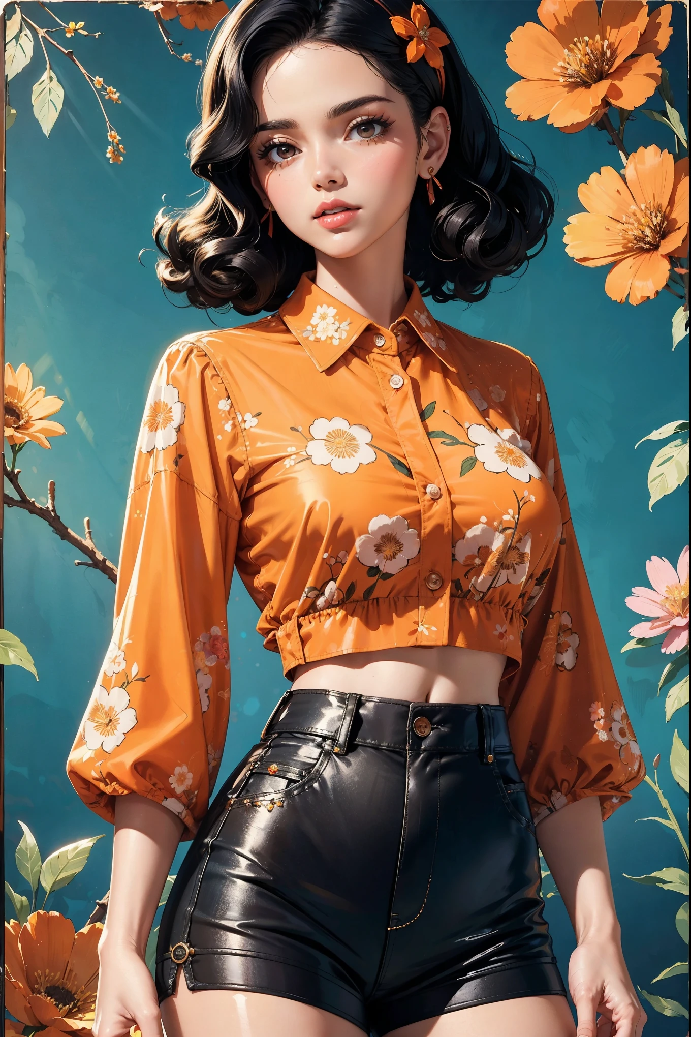 (((Masterpiece))), a top influencer woman, top quality, super detailed, cute and spunky, retro 60's style, fair skin, short curly black hair with flower clips, orange button up crop top transparent floral print sleeves, brown high waist button up shorts, retro party background
