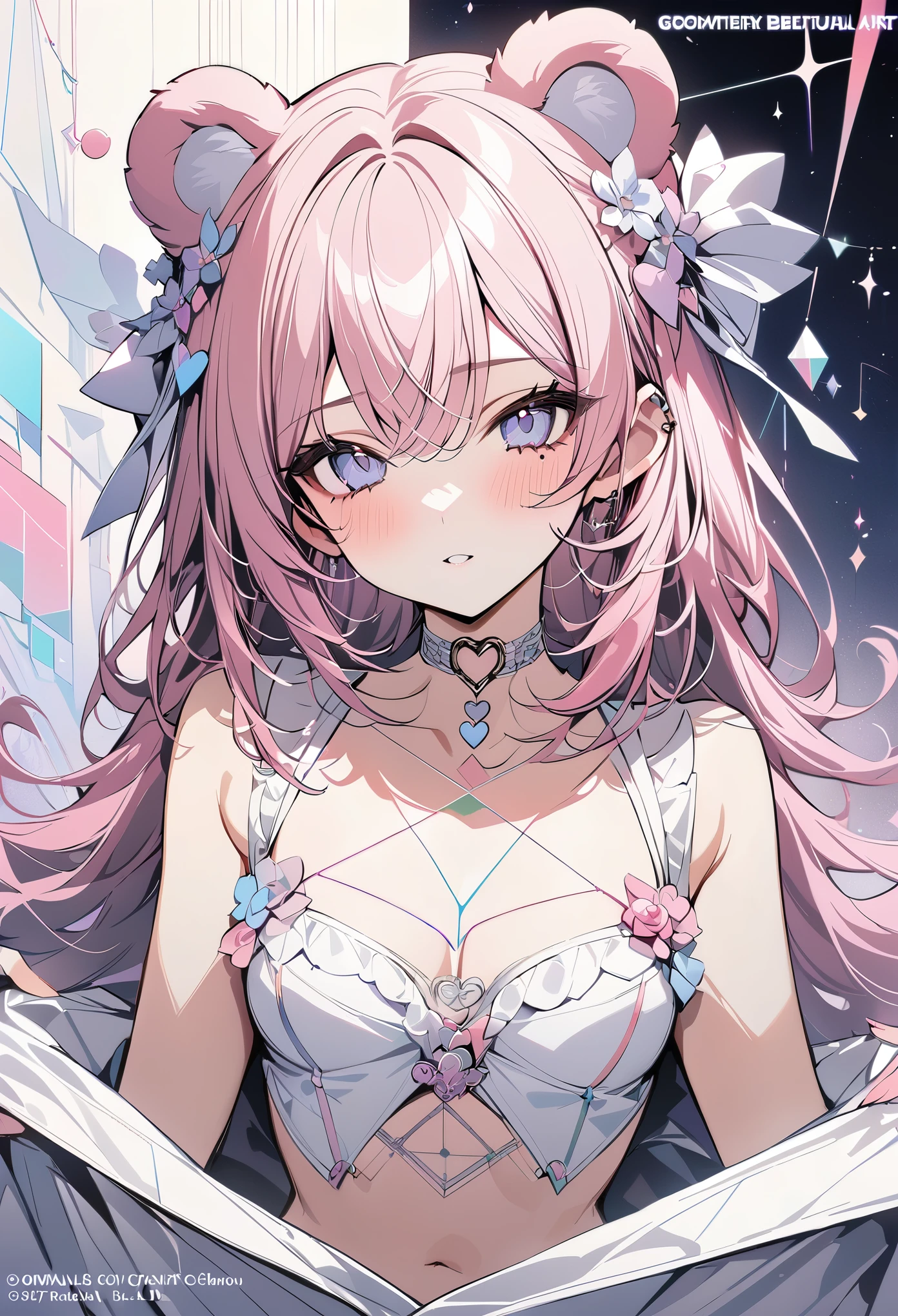 ,beautiful flower々）,mole under eye, heart shaped choker, (masterpiece, highest quality), official art, beautiful and aesthetic: 1.2), (1 girl), very detailed, (geometry art: 1.3), colorful、pink bob hair、bear ears、 whole body