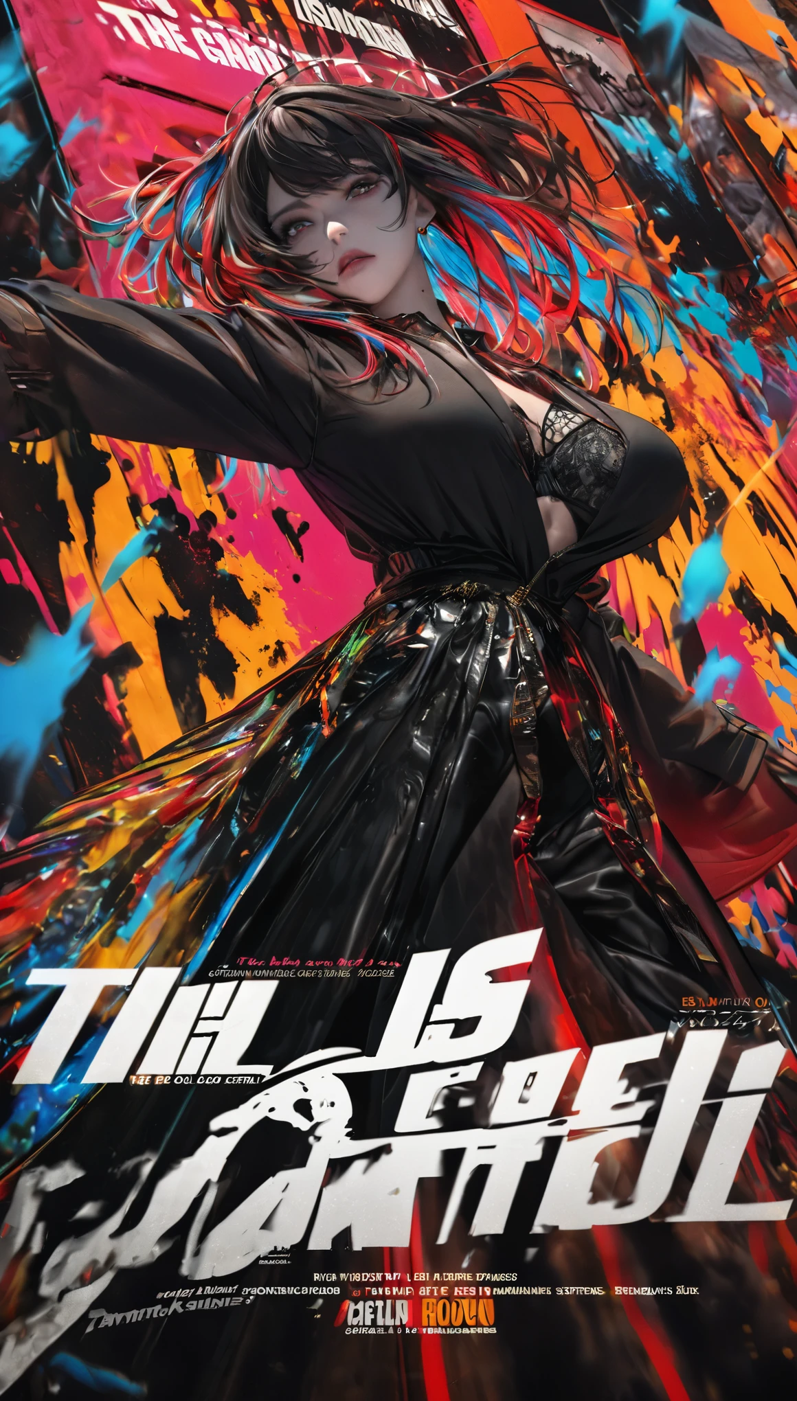 Fashion Magazine cover:a sexy female model, big tit, big boob,((((dramatic))), (((Gritty))), (((intense))) film poster featuring a young Miss as the central character. She stands confidently in the center of the poster, wearing a fashionable black bra, with a determined Express on her face. The background is dark and Gritty, with a sense of danger and intensity. The text is bold and striking, with a catchy tagline that adds to the overall feeling of drama and excitement. The color palette is mainly dark with splashes of energetic colors, giving the poster a Dynamic and visually striking appearance,vertical painting (Magazine:1.3), (cover-style:1.3), Fashionable, Miss, energetic, full outfit, pose, front, rich and colorful, Dynamic, background, element, confident, Express, Keep, statement, accessories, majestic, coiled, About, touch, Scenes, text, cover, bold, striking, title, fashionable, font, catchy, title, bigger, striking, modern, trend, focus, Fashion,