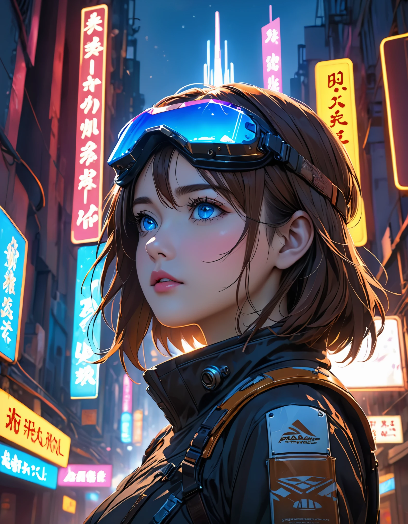 masterpiece, best quality, , (alone), 1 girl, look up, dim lights, , horizon_(pinnacle legend), goggles, blue eyes, brown hair, handguard, pauldron, headgear, (freckle:0.5), , (_novel), outdoor, street, neon lights, cyberpunk,