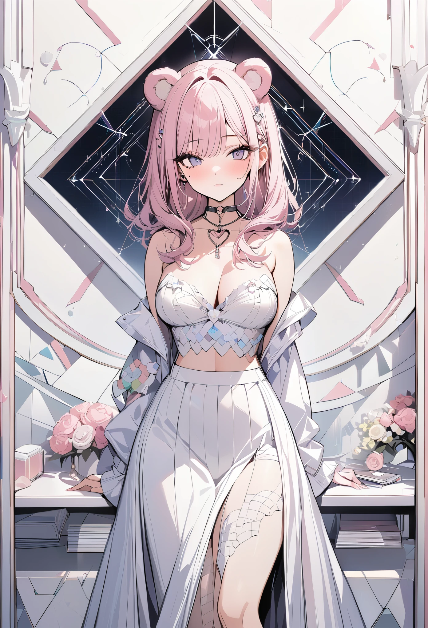 ,beautiful flower々）,mole under eye, heart shaped choker, (masterpiece, highest quality), official art, beautiful and aesthetic: 1.2), (1 girl), very detailed, (geometry art: 1.3), colorful、pink bob hair、bear ears、 whole body