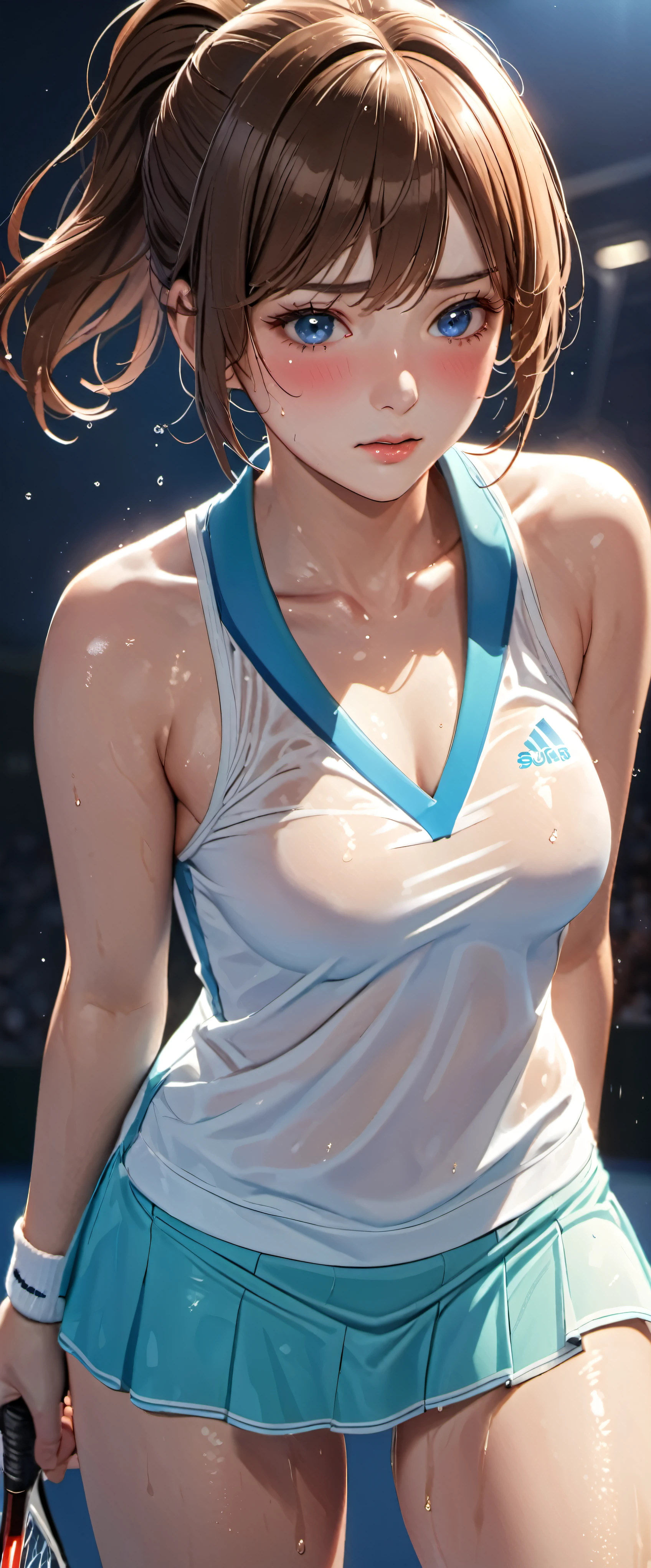 woman,25 years old,brown hair,tennis uniform,short hair,blue eyes,Mansuji, ,,I can see my underwear,Full body Esbian, (close shot, highest quality, High resolution, 4k, detailed lighting, shader, NSFW), embarrassed look ( blush:1.2)(wet with water)Beautiful ponytail