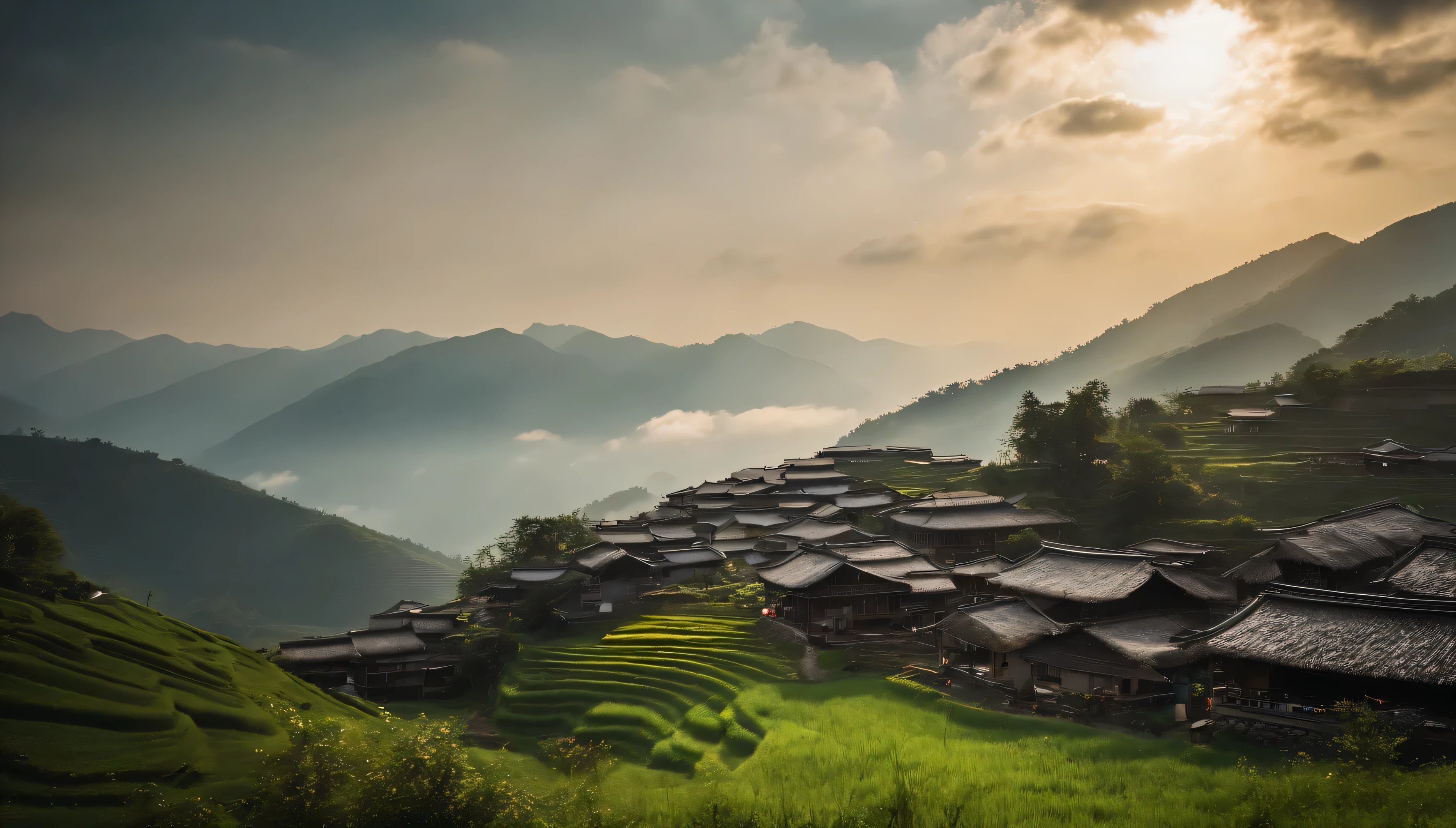 Miao village, sea of clouds, sunlight, time-lapse, green mountain, smoke, Miao village close-up