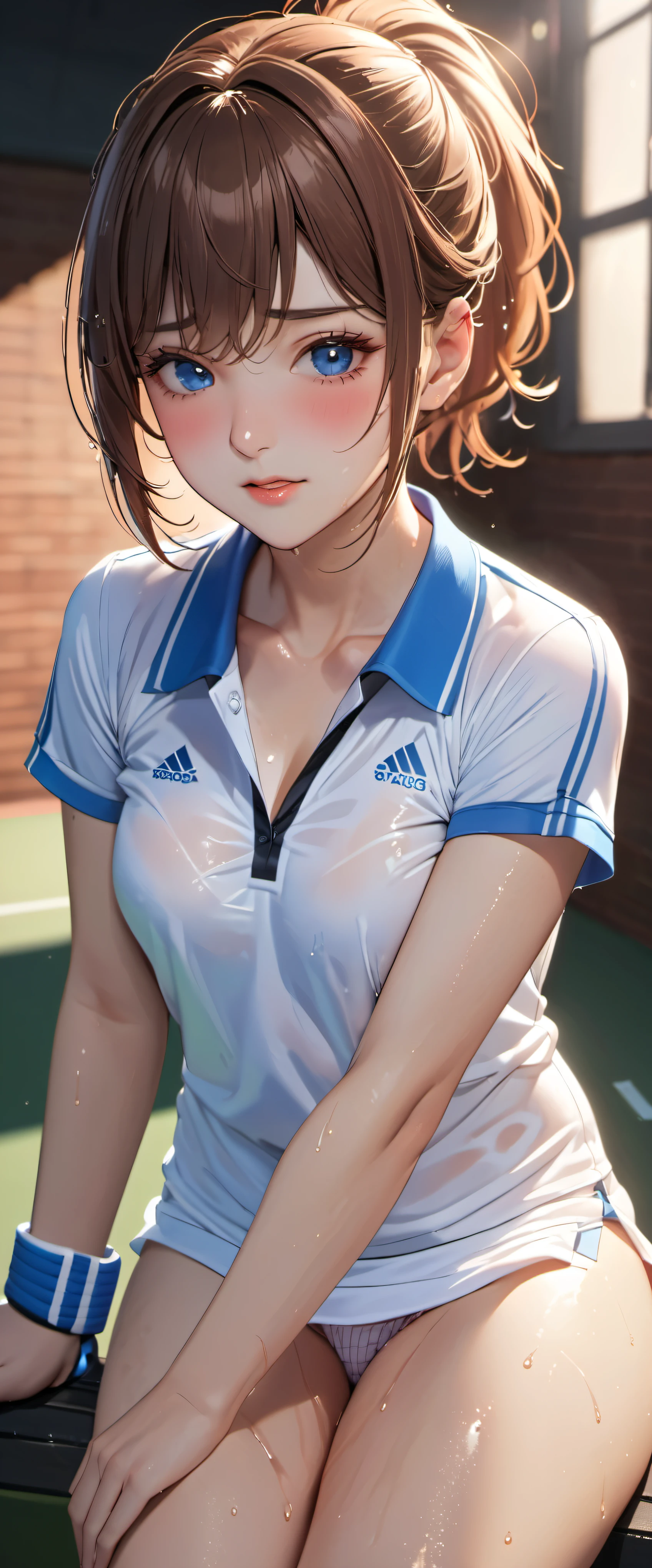 woman,25 years old,brown hair,tennis uniform,short hair,blue eyes,Mansuji, ,,I can see my underwear,Full body Esbian, (close shot, highest quality, High resolution, 4k, detailed lighting, shader, NSFW),  embarrassed look  ( blush:1.2)(wet with water)Beautiful ponytail