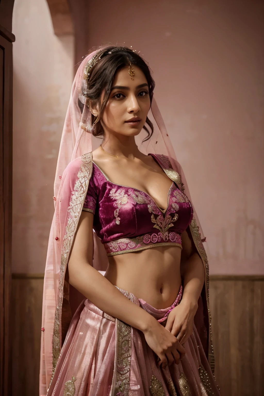 A women in a pink  with a pink and green veil, An empress rose artisanally transitions into the depth of cherry pinks on a lustrous velvet base, Hand embroidered intricately with our signature silver and gold zardozi embroidery infused with the beauty of badla work., shades of green and pink, very beautiful lehenga style, with intricate details, beauteous sumptuous, ritu kumar, pink hues, jacqueline e, pink and gren color scheme, perfect composition, happy, hyperrealistic, super detailed, 8k, high quality, trending art, trending on artstation, sharp focus, studio photo, intricate details, highly detailed