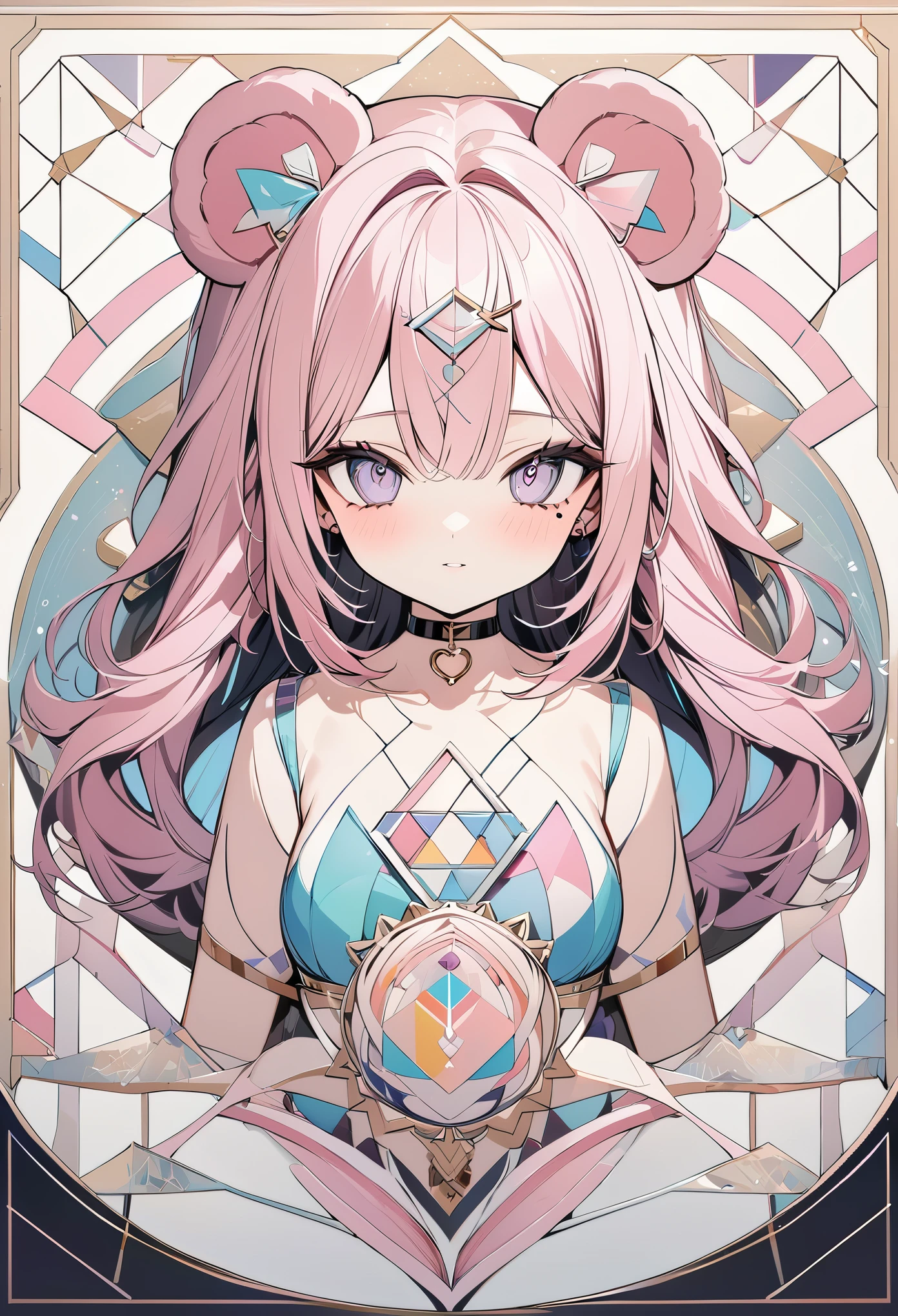 ,beautiful flower々),mole under eye, heart shaped choker, (masterpiece, highest quality), official art, beautiful and aesthetic: 1.2), (1 girl), very detailed, (geometry art: 1.3), colorful、pink bob hair、bear ears、 whole body