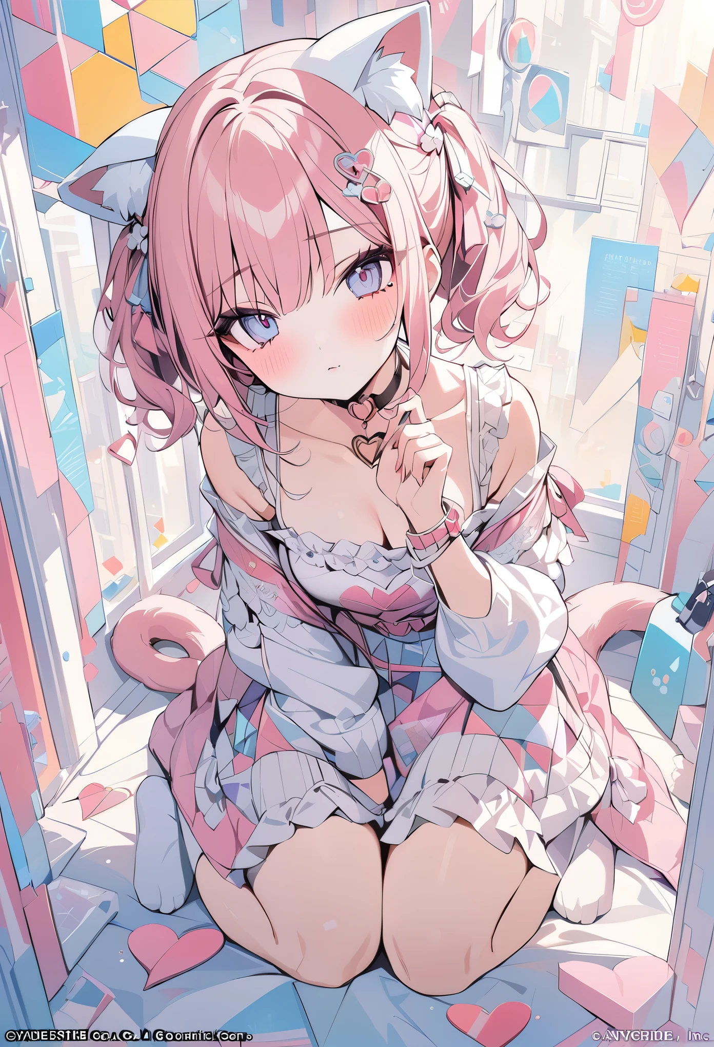 ,beautiful flower々）,mole under eye, heart shaped choker, (masterpiece, highest quality), official art, beautiful and aesthetic: 1.2), (1 girl), very detailed, (geometry art: 1.3), colorful、pink bob hair、bear ears、 whole body