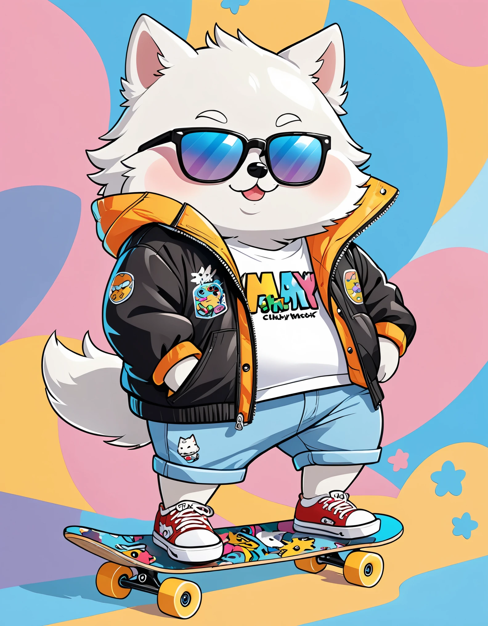 C4tt4stic, Cartoon white wolf in jacket and skateboard, Sunglasses, cute, chuby, plumpy, dynamic background