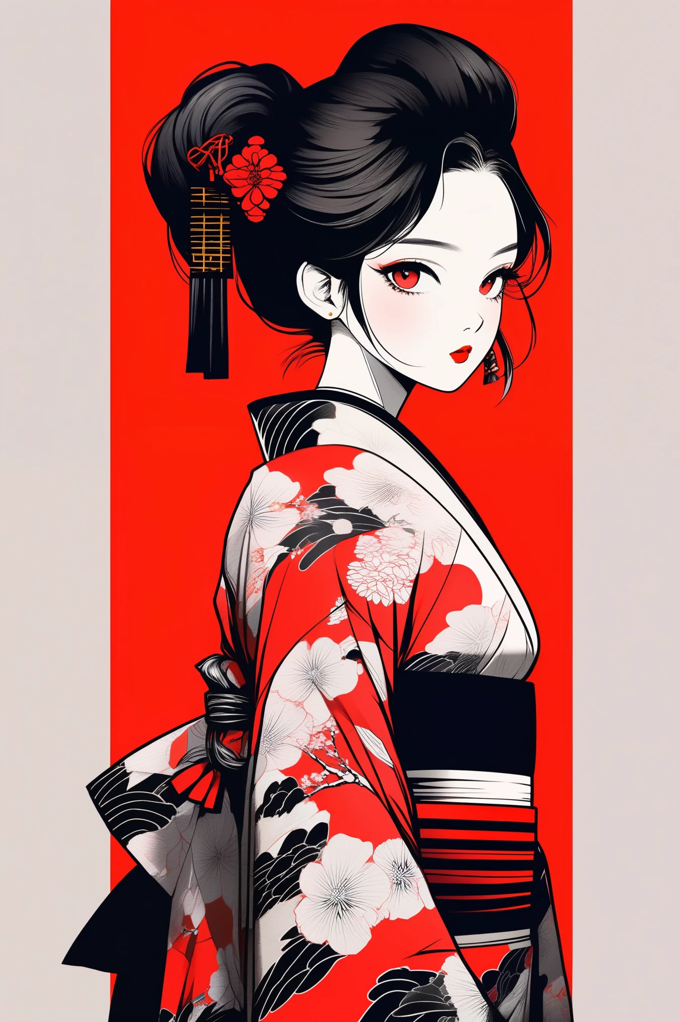 (best quality, sketch:1.2),realistic,illustrator,anime,1 girl, detailed lips, kimono,custom, black and red gradient background,neon hair,textured cropping, masterpiece, style retro classic, noir style , Japanese style 