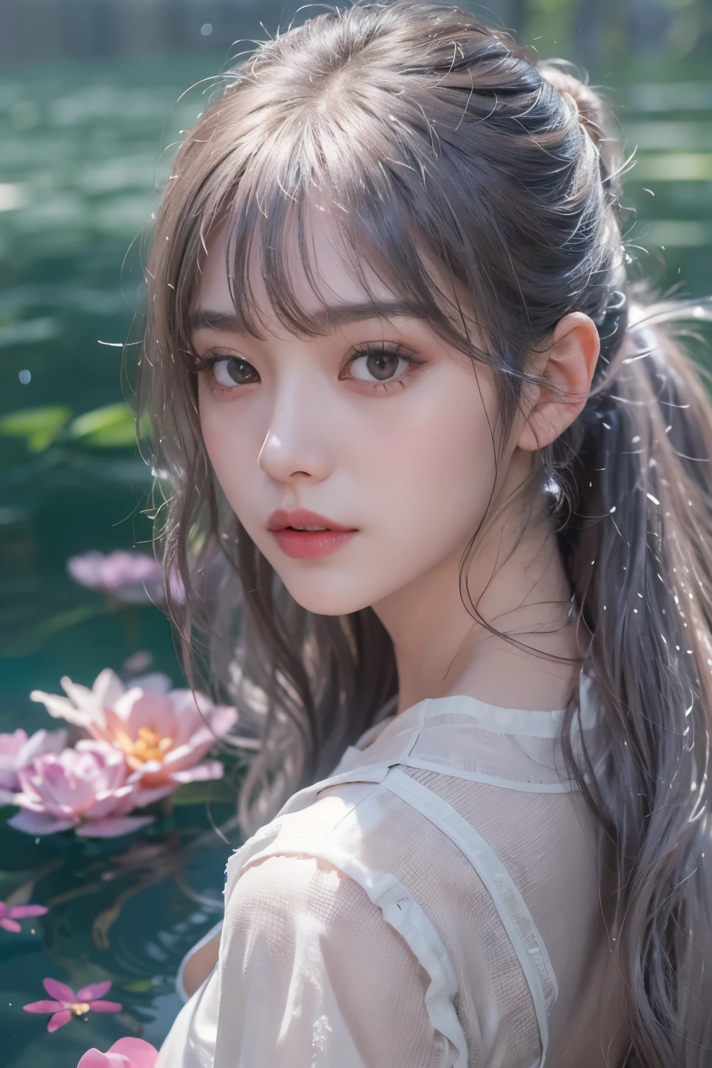 (From above)、((1 woman))、(20th generation)、((long hair))、((bangs))、((gray hair、ponytail))、(view view)、pink makeup、(brown eyes)、(photoreal stick:1.2)、In 8K、(high quality shadow)、Detail beautiful delicate face、Detail beautiful delicate eyes、Cute K-pop idols、(Korean Ulsan Face)、(Ulzzang -6500-v1.1 :0.6)、Shining eyes、perfect body、natural color reproduction、bright red lipstick、((brown eyes))、shiny hair、Beautiful delicate hair depiction、(Glossy skin)、movie lighting、white see-through dress、floating on pond water、wet hair:1.2、