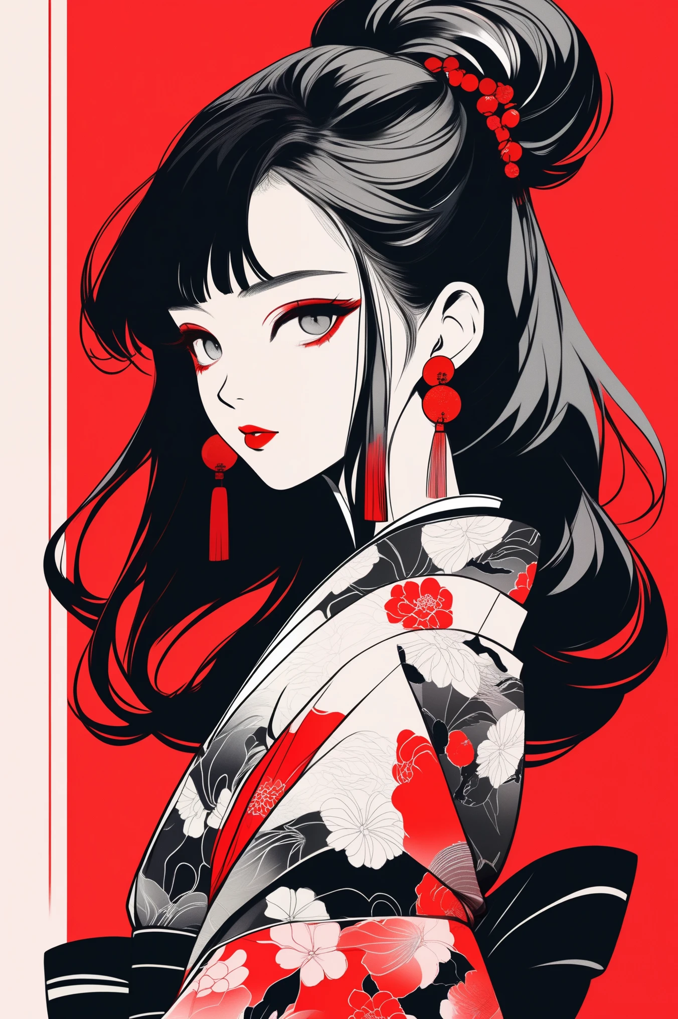 (best quality, sketch:1.2),realistic,illustrator,anime,1 girl, detailed lips, kimono,custom, black and red gradient background,neon hair,textured cropping, masterpiece, style retro classic, noir style , Japanese style, ((monochrome))