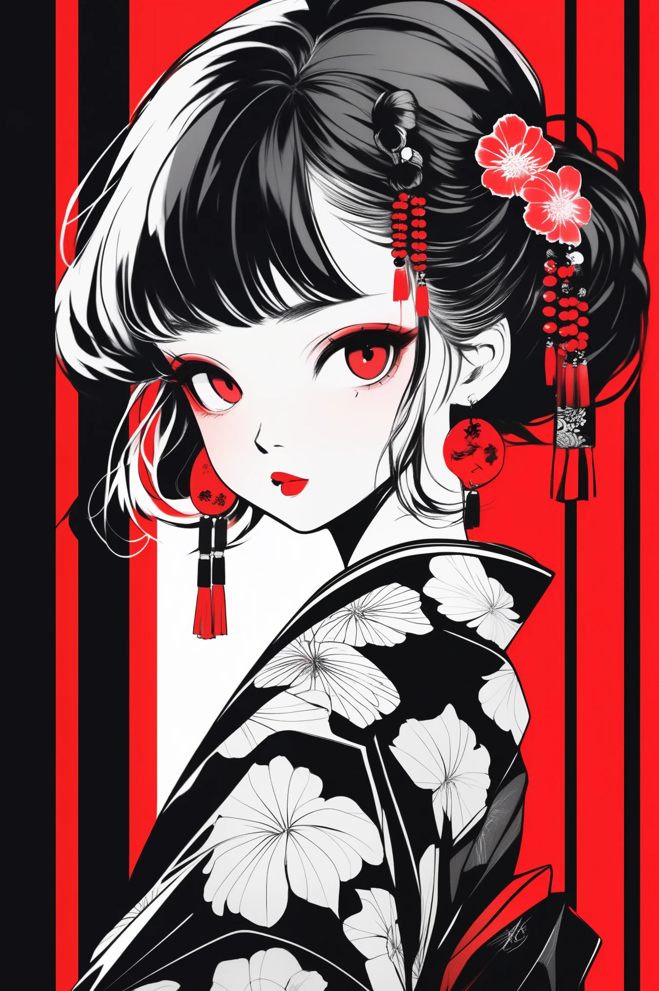 (best quality, sketch:1.2),realistic,illustrator,anime,1 girl, detailed lips, kimono,custom, black and red gradient background,neon hair,textured cropping, masterpiece, style retro classic, noir style , Japanese style, ((monochrome))