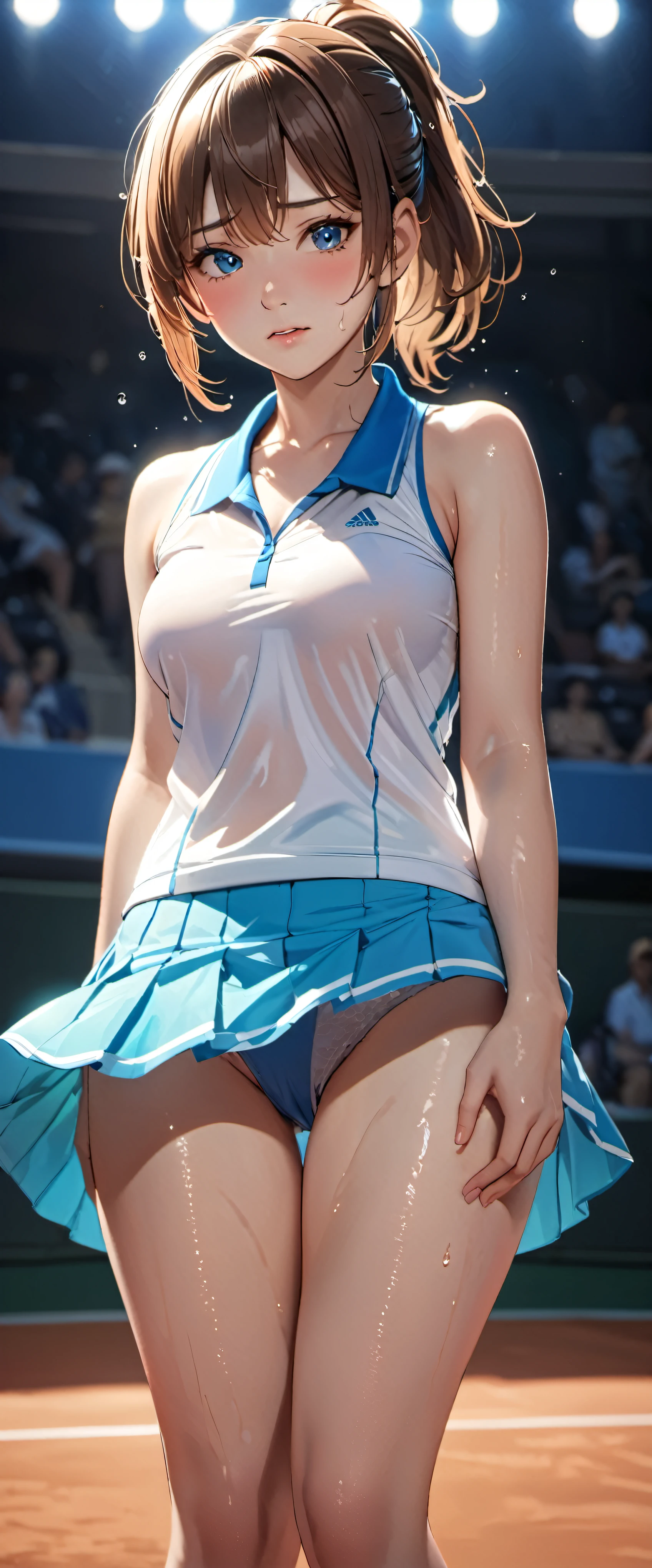 woman,25 years old,brown hair,tennis uniform,short hair,blue eyes,Mansuji, ,,I can see my underwear,Full body Esbian, (close shot, highest quality, High resolution, 4k, detailed lighting, shader, NSFW),  embarrassed look  ( blush:1.2)(wet with water)Beautiful ponytail