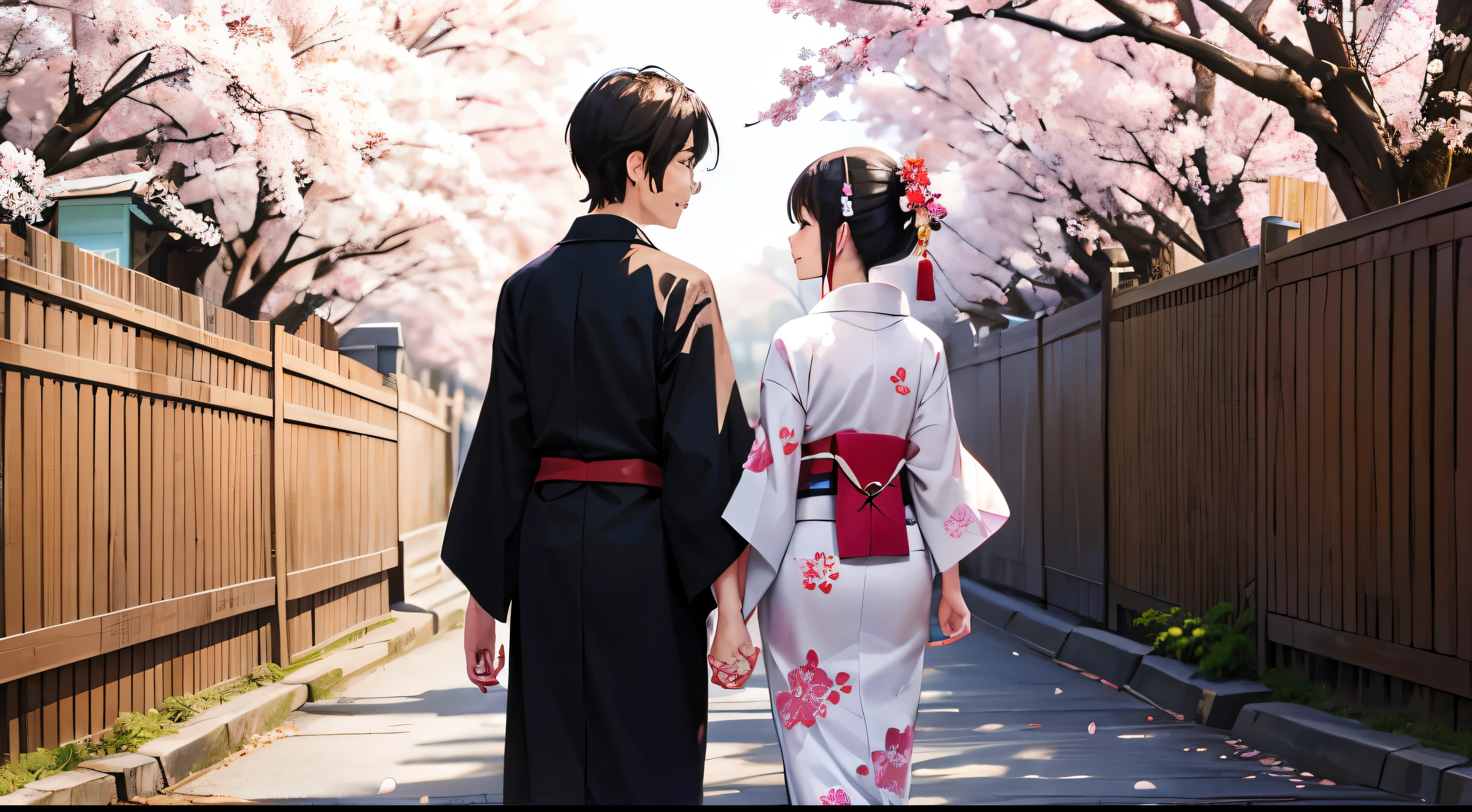 wear Kimono、male、woman、2people、hold hands、20th generation、smile、stroll、Cherry blossom trees、SakuraFubuki