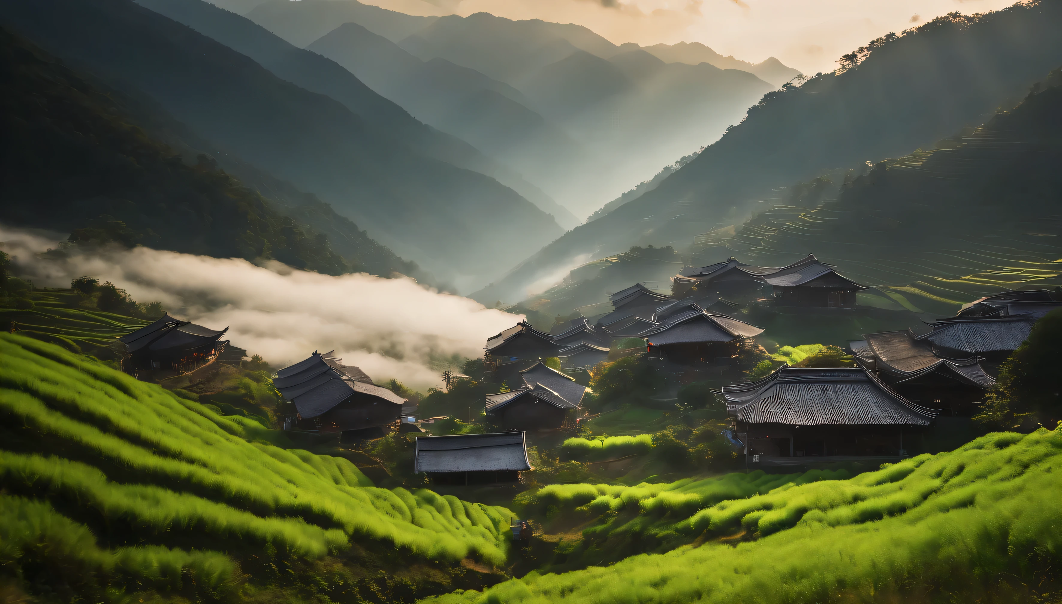 Miao village, sea of clouds, sunlight, time-lapse, green mountain, smoke, Miao village close-up