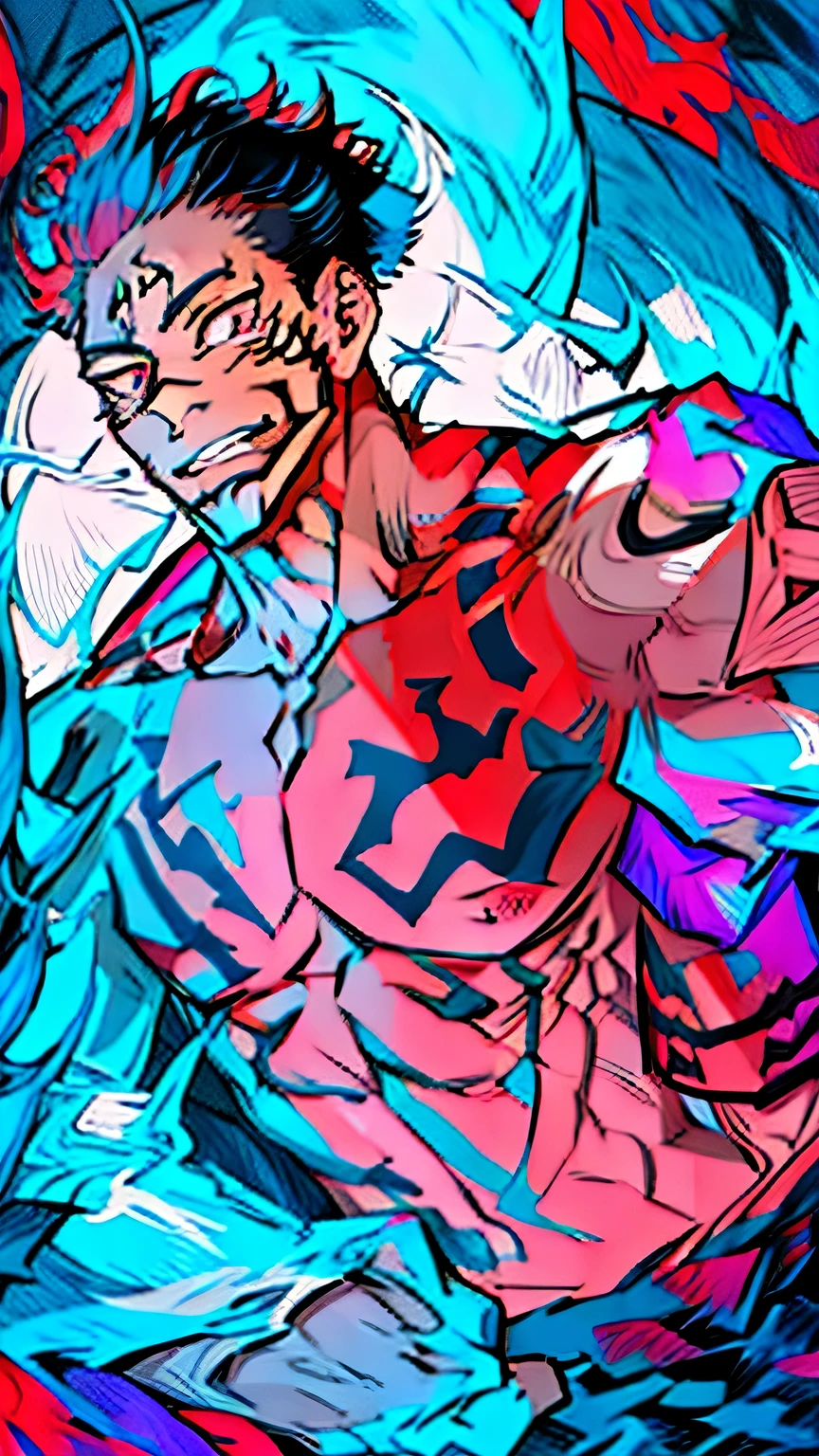 Melhor qualidade, obra-prima, no expression, ultra alta res, fundo detalhado, solo, macho musculoso, cabelo curto, tiro de cowboy, sombra real e luz, (((Sukuna do anime jujutsu kaisen))), um homem com cabelo rosa e sem camisa, tattoo_ryoumen, tattoo_on_his_face, foco nos olhos, viril, maduro, corpo inteiro, anatomicamente correto,
