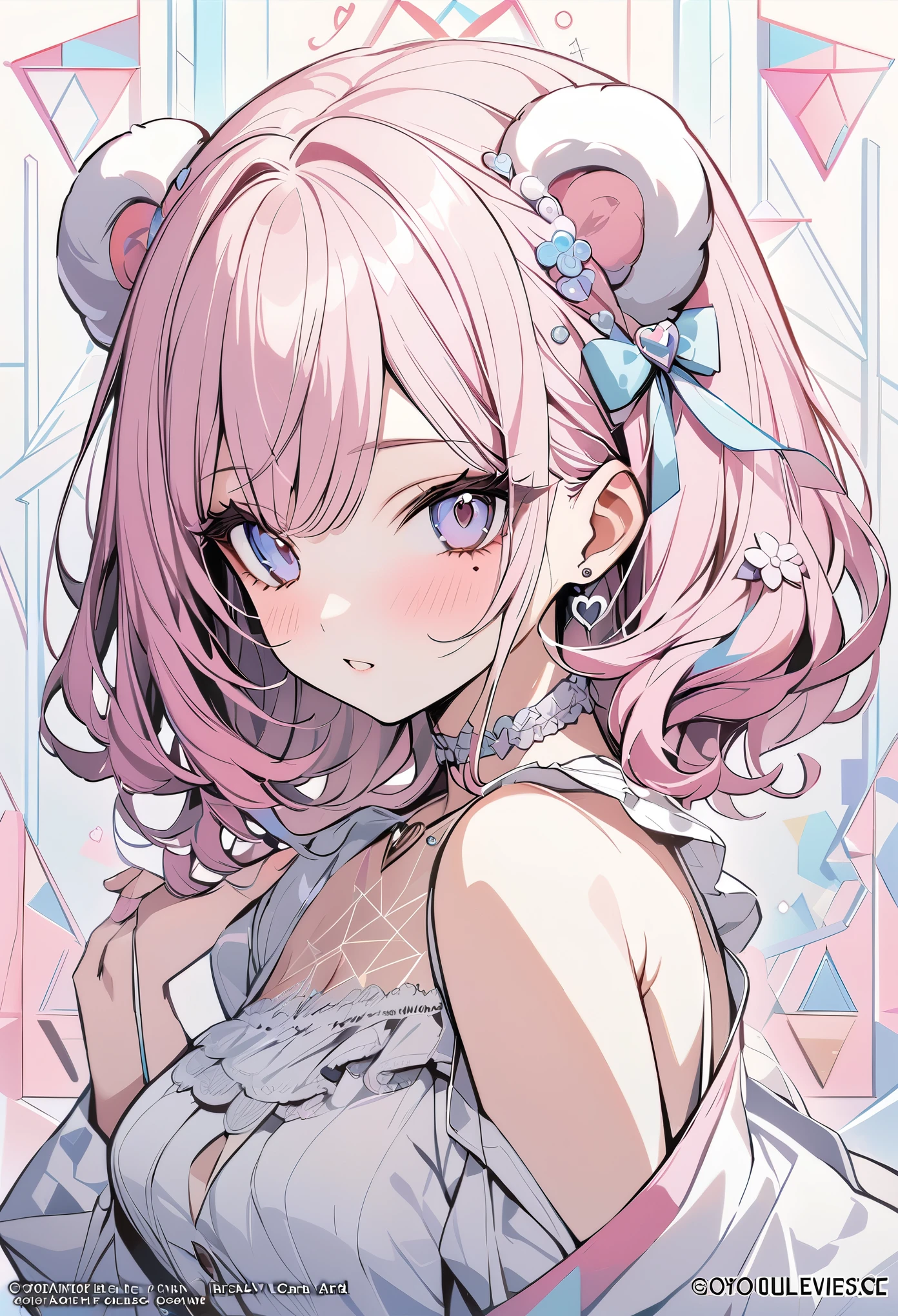 ,beautiful flower々),mole under eye, heart shaped choker, (masterpiece, highest quality), official art, beautiful and aesthetic: 1.2), (1 girl), very detailed, (geometry art: 1.3), colorful、pink bob hair、bear ears、 whole body