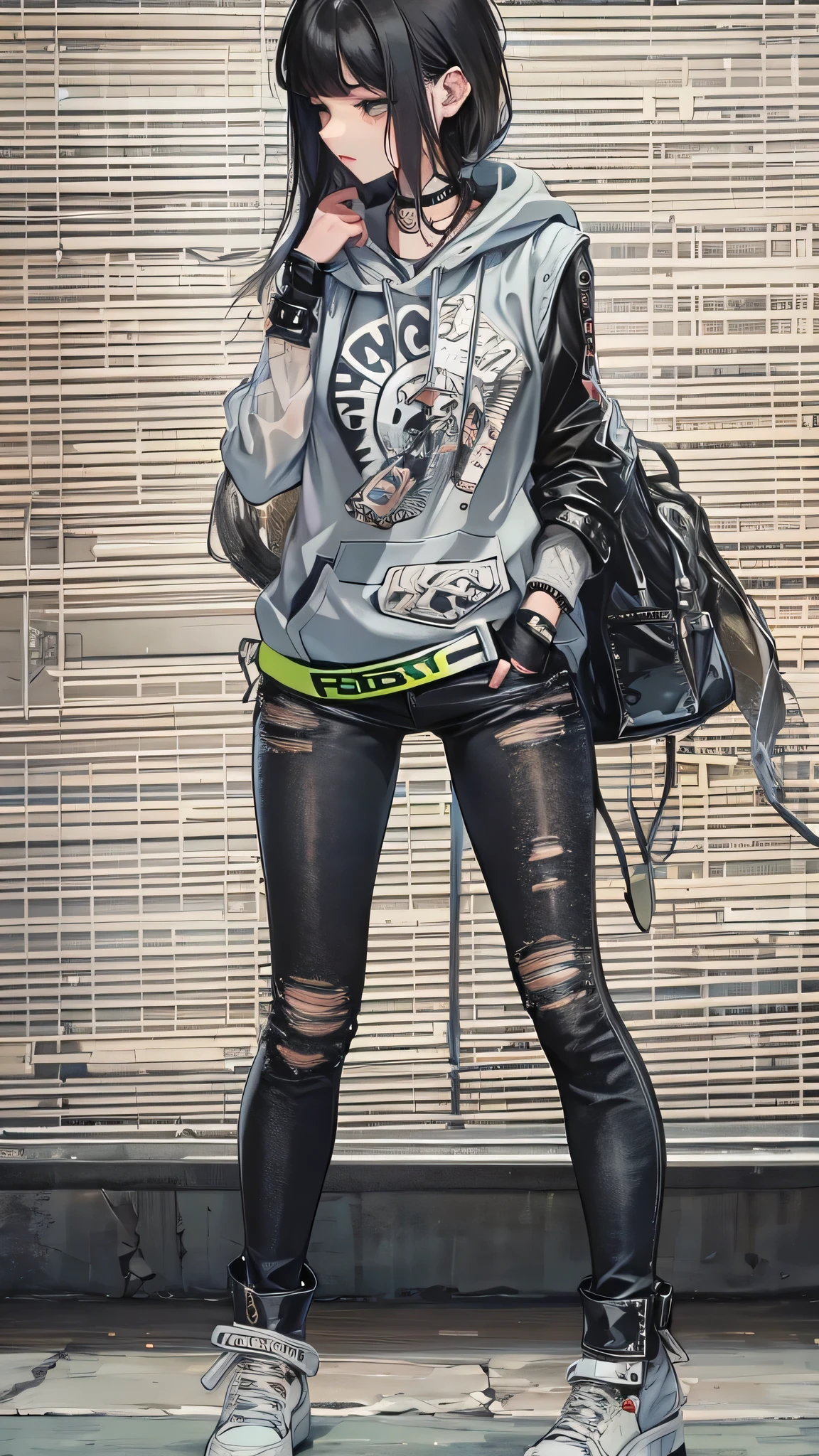 perfect anatomy, masterpiece:1.4, best quality, 8k, beautiful detailed grow, daydreaming expression, full body (Punk Girl Fashion Style) soro ((blunt bangs)) black hair long hair cute girl, 14 yo, sexy closed eyes, blush face), break, (tops is bluck punk tank top), Tight denim pants, high heels.