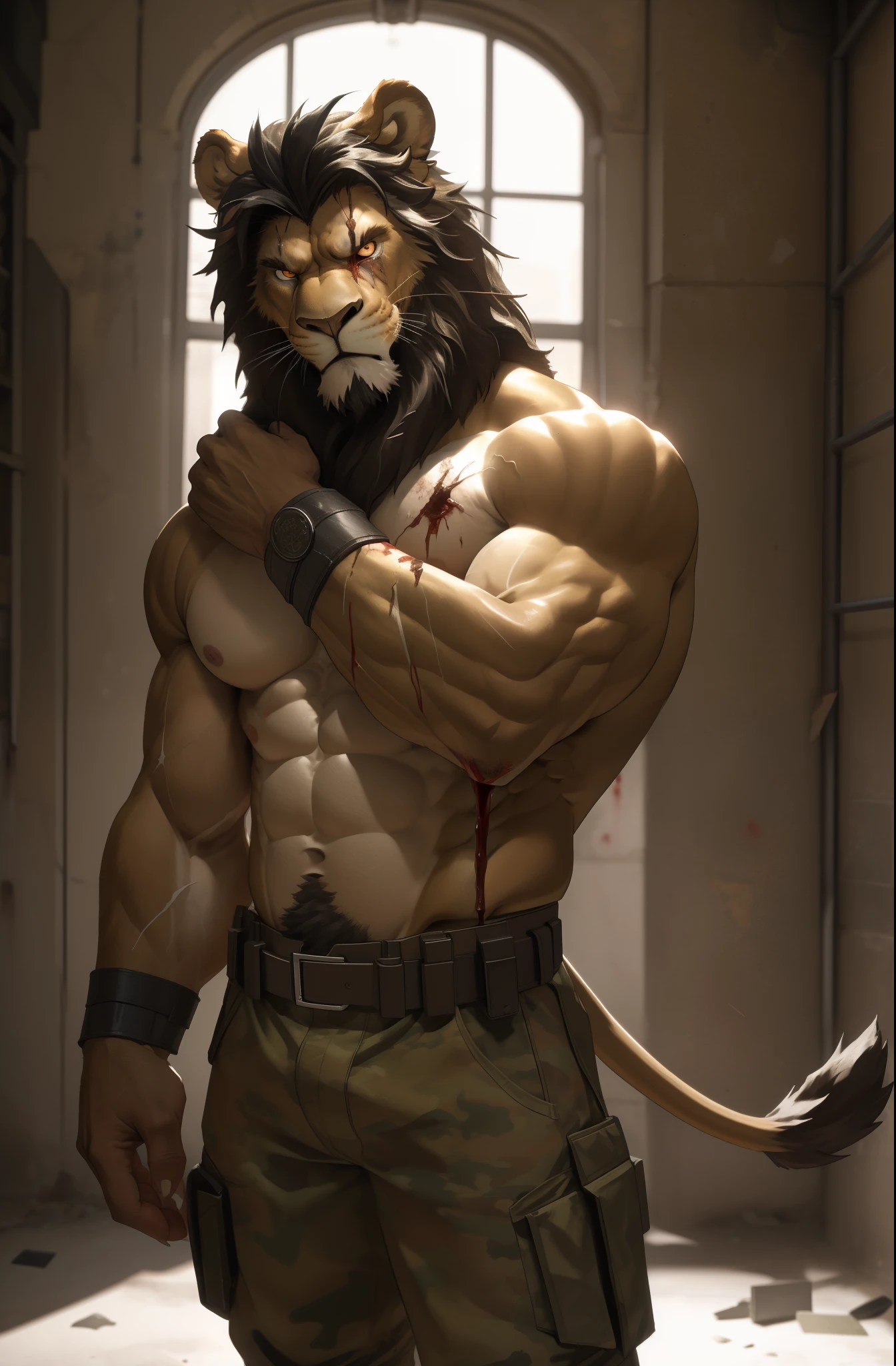 there is a Lion in a military uniform, Lion, in a soldier uniform, commission for high res, topless, SFW, anthropomorphic, extra detailed body, detailed body, Best quality, masterpiece, ultra high res,detailed background,realistic, real shadow and light,depth of field, (looking at viewer), details skin, angry face, Sexybody, Sixpack, muscular, hunky, mercenary uniform, war zone, damaged, huge scar on his body, topless, pain, blood, painful, injury, open shirt, Lion.