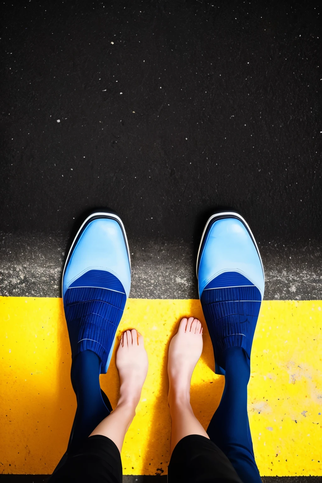 foot standing on top of a big footprint, black and blue caution tape in the back, cracks on the floor, blue ground