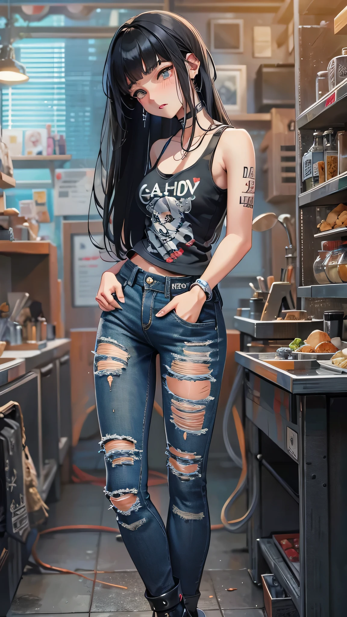perfect anatomy, masterpiece:1.4, best quality, 8k, beautiful detailed grow, daydreaming expression, full body (Punk Girl Fashion Style) soro ((blunt bangs)) black hair long hair cute girl, 14 yo, sexy closed eyes, blush face), break, (tops is bluck punk tank top), Tight denim pants, high heels.