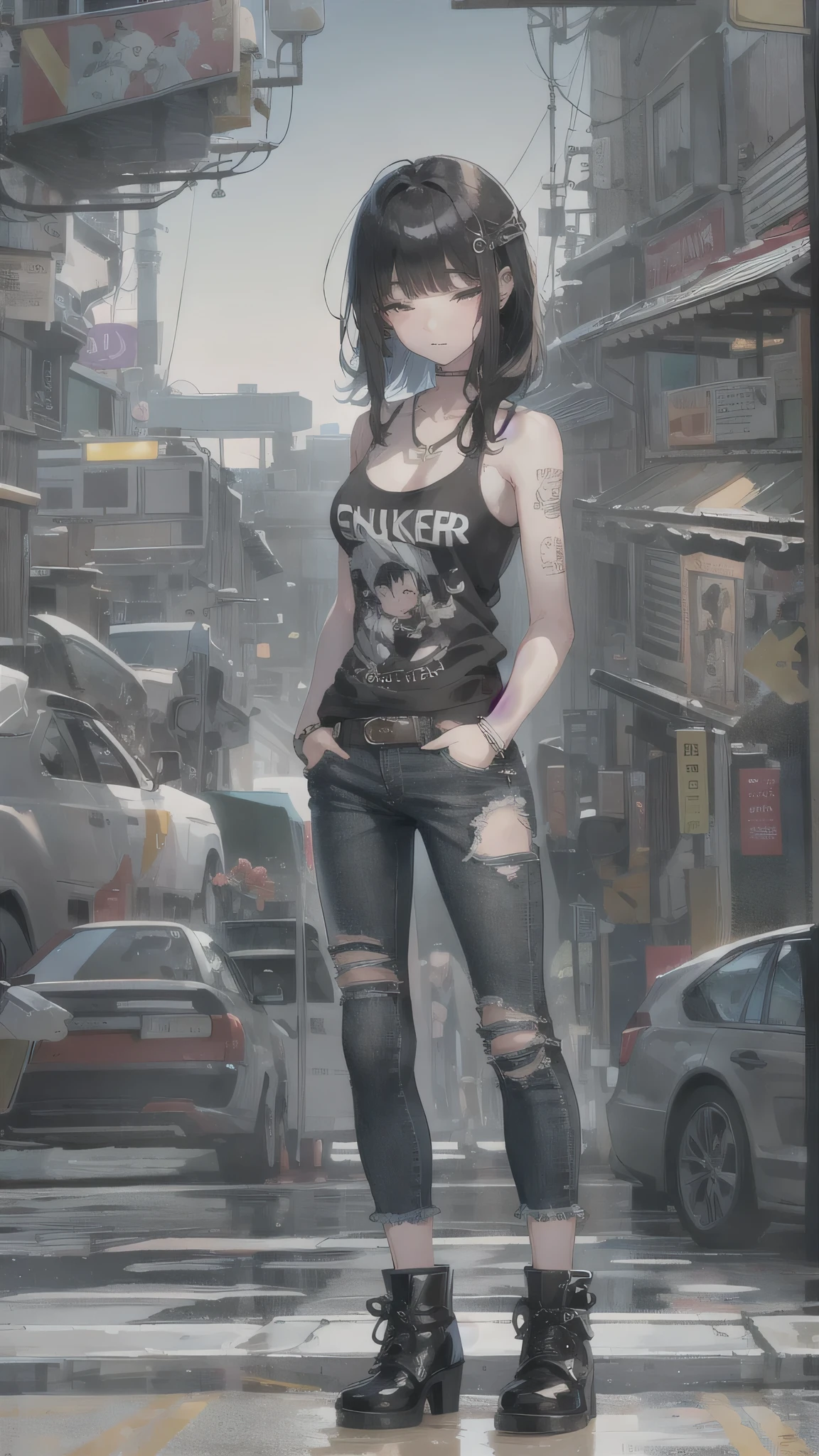perfect ???????, masterpiece:1.4, best quality, 8k, beautiful detailed grow, daydreaming expression, full body (Punk Girl Fashion Style) soro ((blunt bangs)) black hair long hair cute girl, 14 yo, sexy closed eyes, blush face), break, (tops is bluck punk tank top), Tight denim pants, high heels.