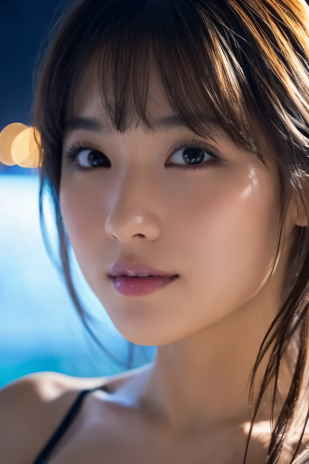 ((close-up photo of face:1.4))、1 girl, (wear a micro bikini:1.2), (Raw photo, highest quality), (realistic, Photoreal:1.4), table top, very delicate and beautiful, very detailed, 2k wallpaper, wonderful, finely, very detailed CG Unity 8K 壁紙, Super detailed, High resolution, soft light, beautiful detailed girl, very detailed目と顔, beautifully detailed nose, finelyて美しい目, cinematic lighting, night city lights, perfect anatomy, slender body, Tight small breasts, very small breasts、
straight semi-long hair, bangs, looking at the viewer, slight smile