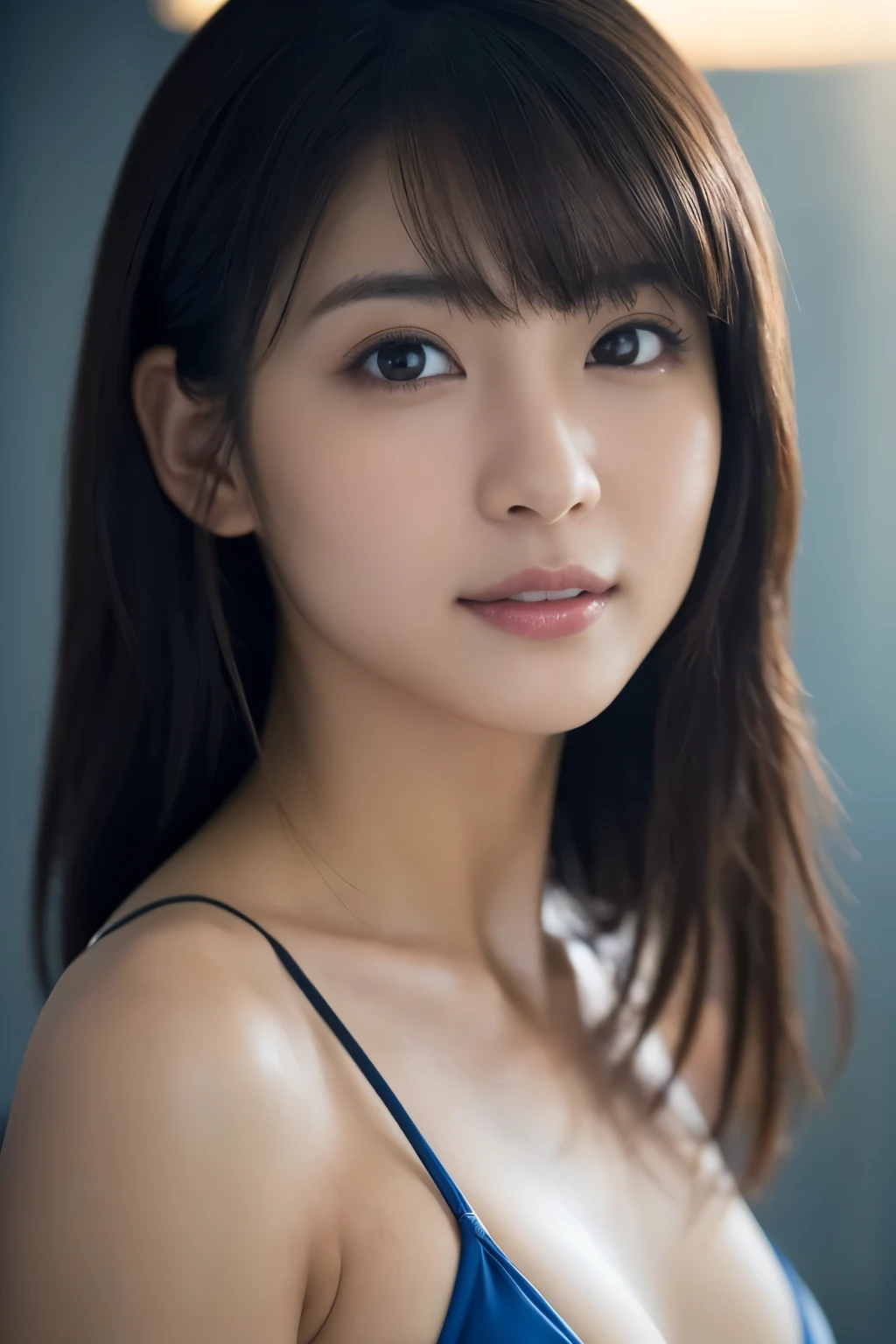 ((close-up photo of face:1.4))、1 girl, (wear a micro bikini:1.2), (Raw photo, highest quality), (realistic, Photoreal:1.4), table top, very delicate and beautiful, very detailed, 2k wallpaper, wonderful, finely, very detailed CG Unity 8K 壁紙, Super detailed, High resolution, soft light, beautiful detailed girl, very detailed目と顔, beautifully detailed nose, finelyて美しい目, cinematic lighting, night city lights, perfect anatomy, slender body, Tight small breasts, very small breasts、
straight semi-long hair, bangs, looking at the viewer, slight smile