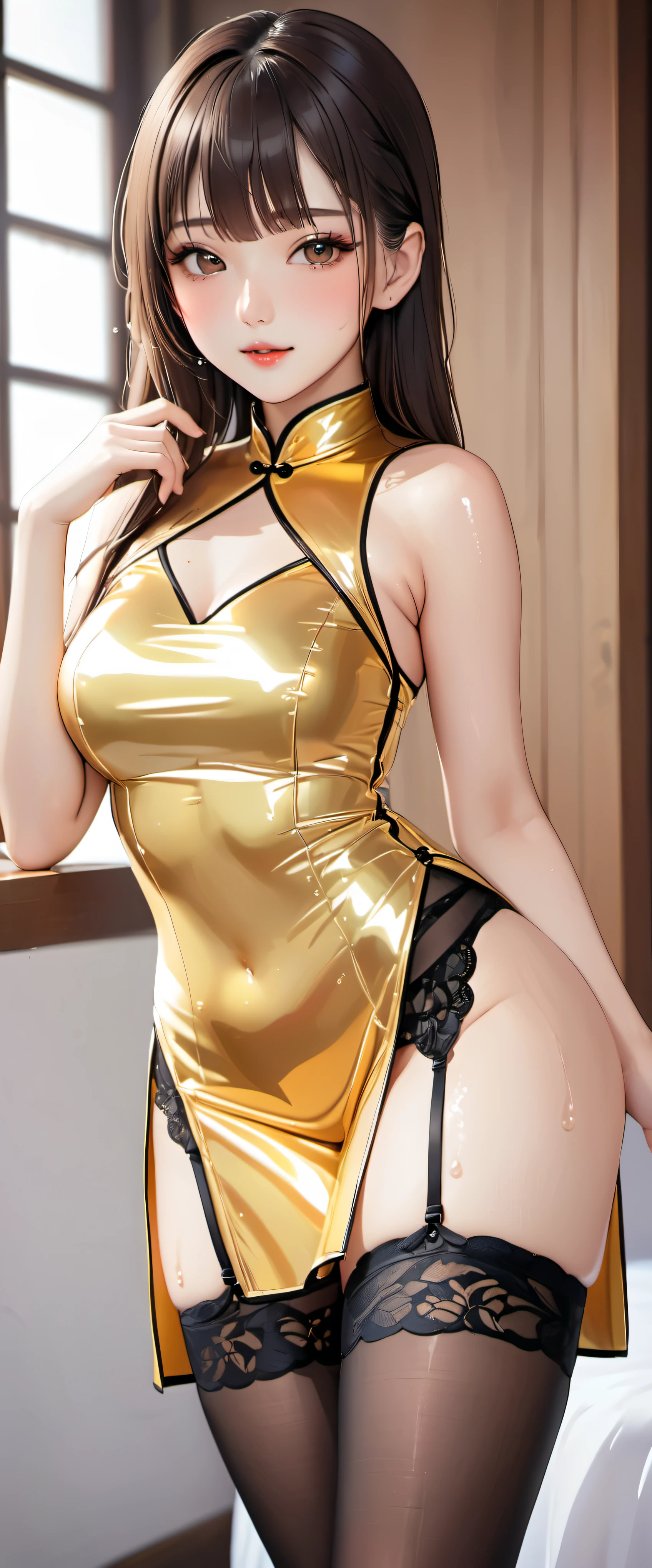 (masterpiece,highest quality,超A high resolution),japanese woman, (((Very beautiful 25 year old girl))), pretty girl、look at the photographer、 (()), super cute face, glossy lips, double eyelids in both eyes,natural smile、 natural makeup, long eyelashes, Shiny and smooth hair、center image, perfect limbs, perfect anatomy,(((shiny cheongsam dress)))、((garter belt)),wet with sweat,