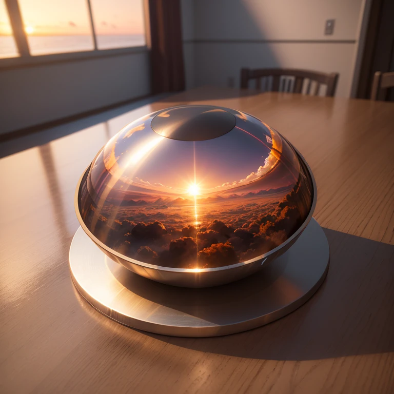 There is a metal object on the table, metal surface, masterpiece Ultra HD 8K, C4D modeling, masterpiece, best quality, movie stills, floating in the sky, close up, bright, happy, Warm and soft lighting, Sunset, (spark: 0.7)